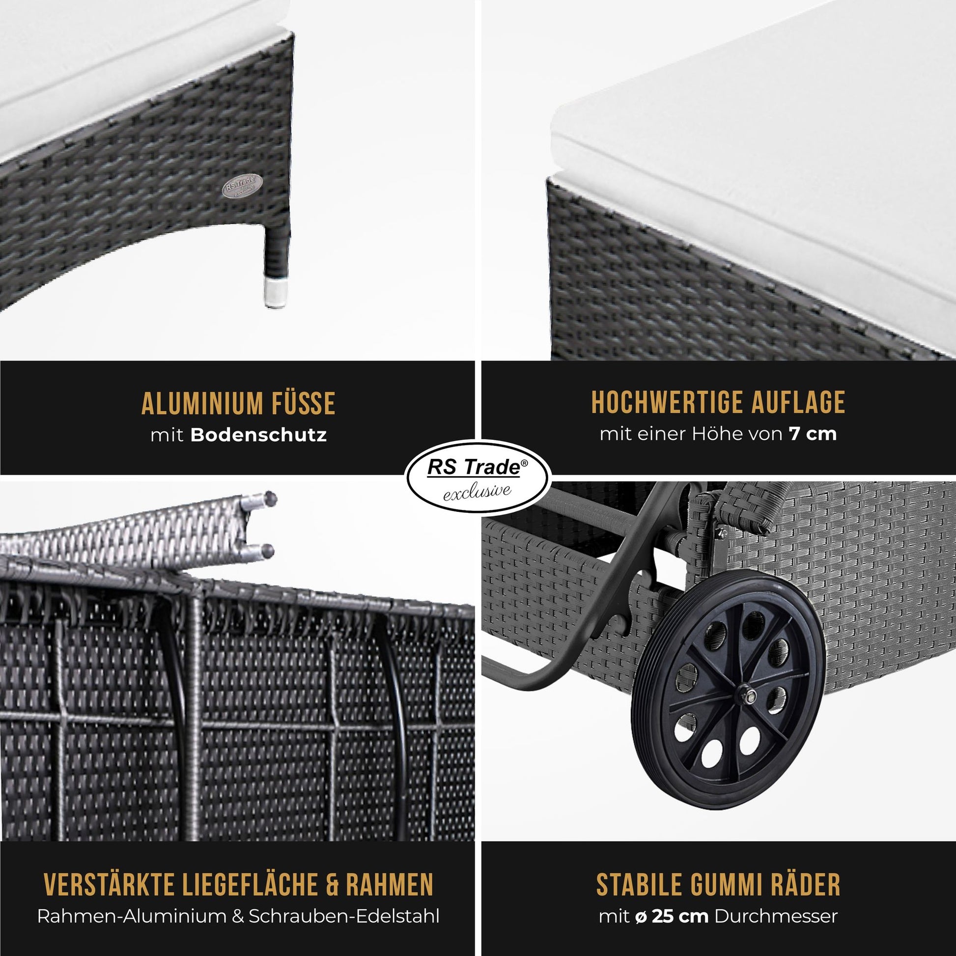 Detailbilder der Sonnenliege: Handgeflochtenes Rattan, Rollen, Füße, Rahmen und Liegefläche. Grau / Grau.