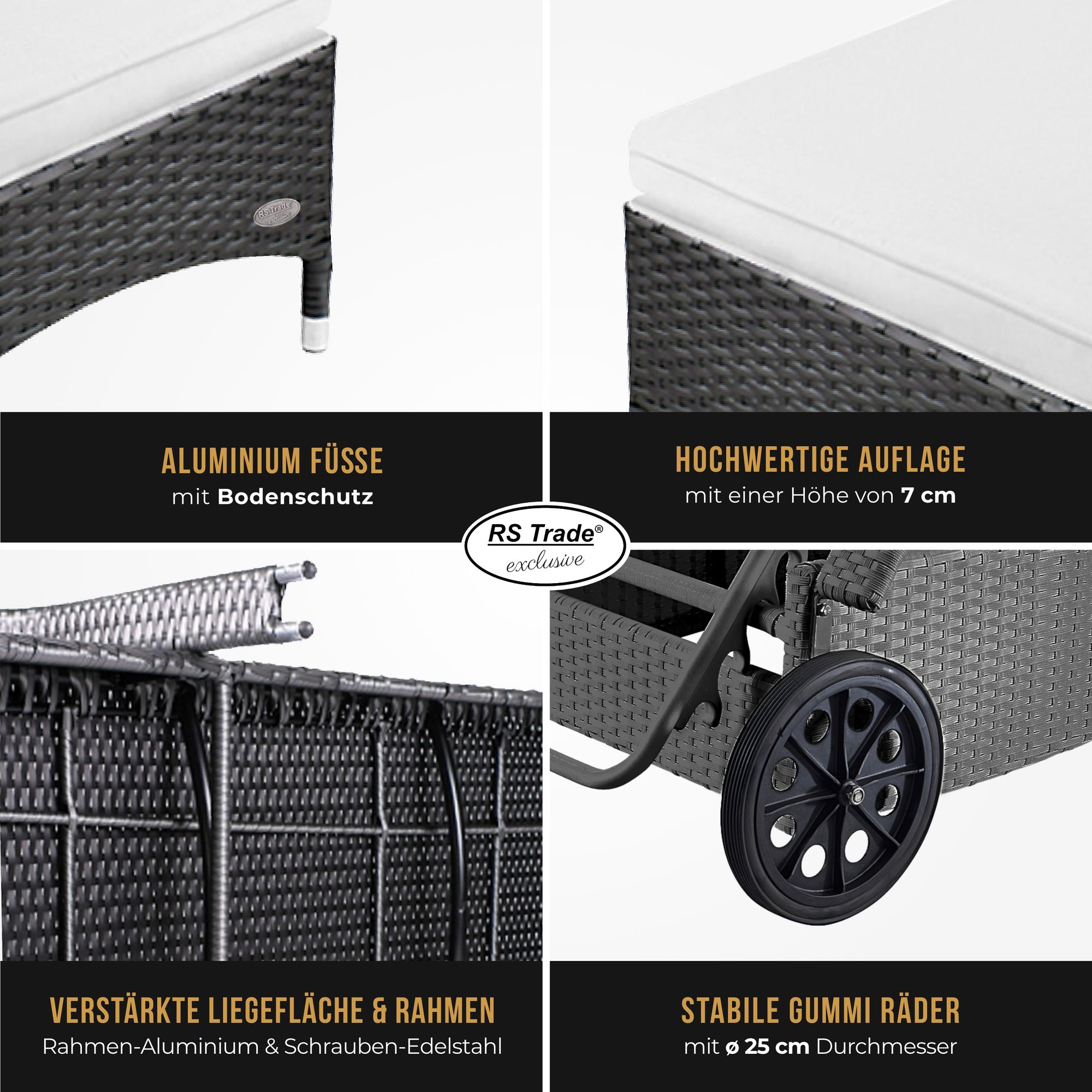 Detailbilder der Sonnenliege: Handgeflochtenes Rattan, Rollen, Füße, Rahmen und Liegefläche. Grau / Grau.