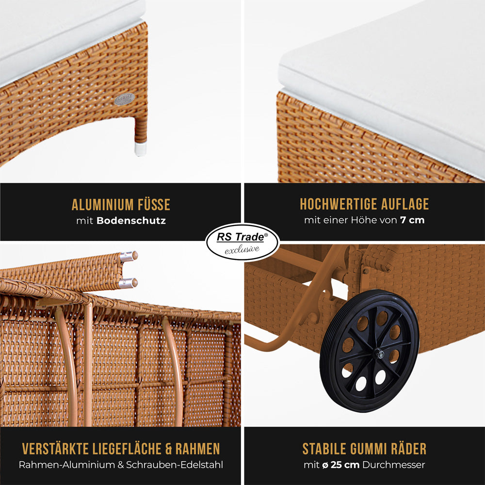 Detailbilder der Sonnenliege: Handgeflochtenes Rattan, Rollen, Füße, Rahmen und Liegefläche. Natur / Weiß.