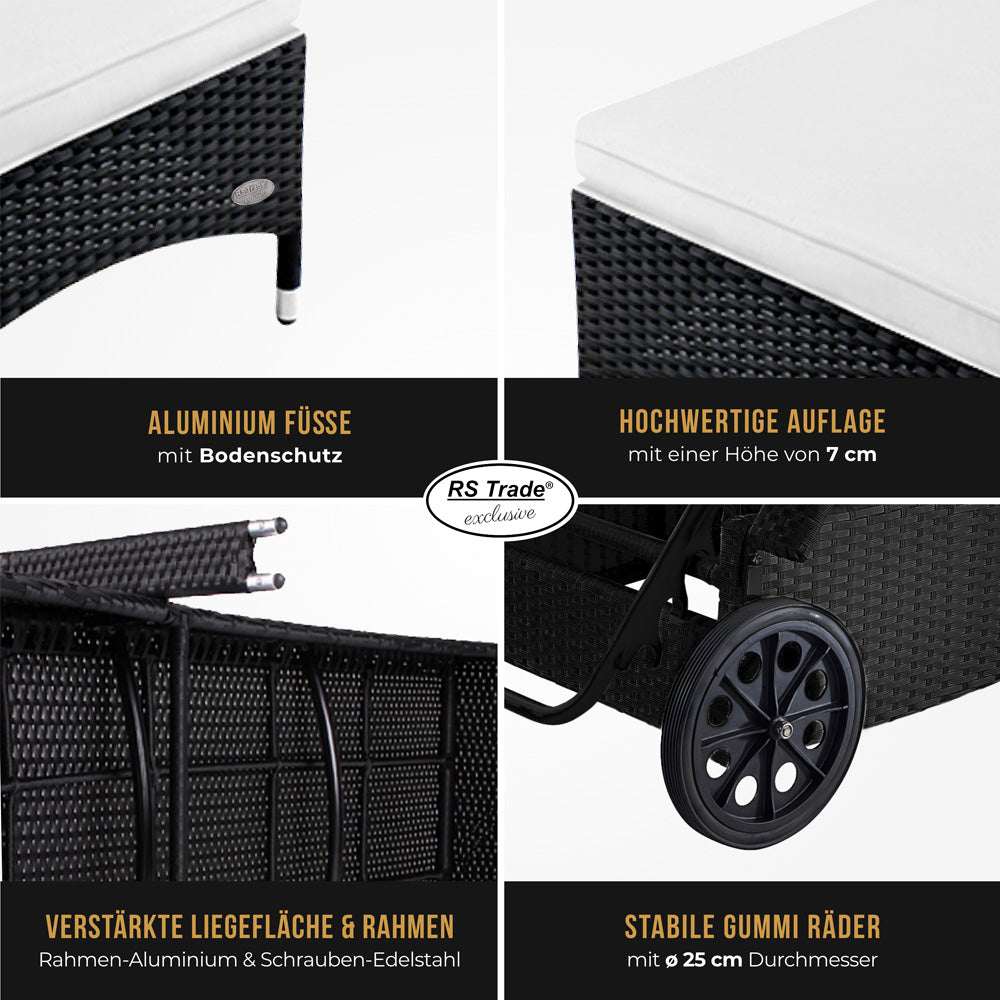 Detailbilder der Sonnenliege: Handgeflochtenes Rattan, Rollen, Füße, Rahmen und Liegefläche. Schwarz / Weiß.