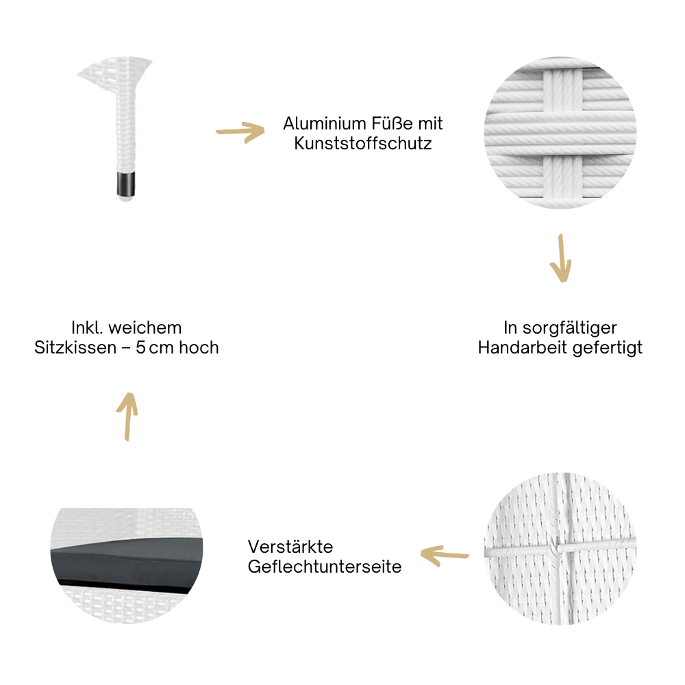 Details des Stuhls: Alufüße mit Schutz, handgefertigt, weiches Sitzkissen, verstärkte Unterseite.