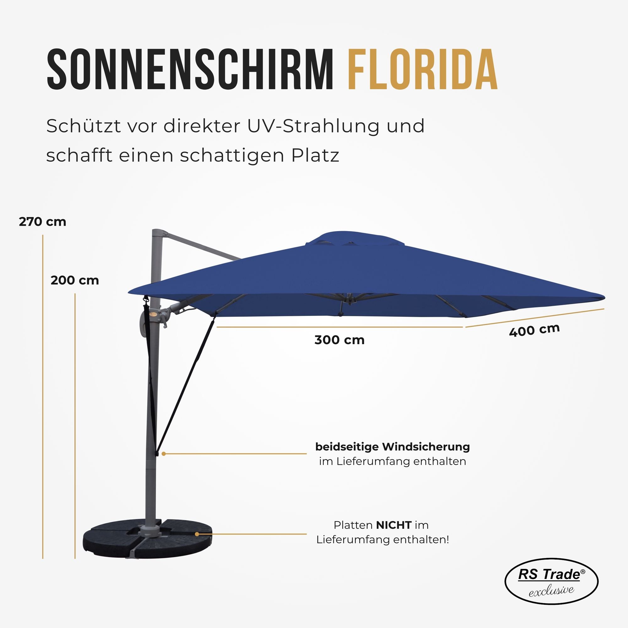 Sonnenschirm Florida, 300x400 cm, beidseitige Windsicherung, UV-Schutz, 270 cm hoch, ideal für Schattenplätze. Dunkelblau.