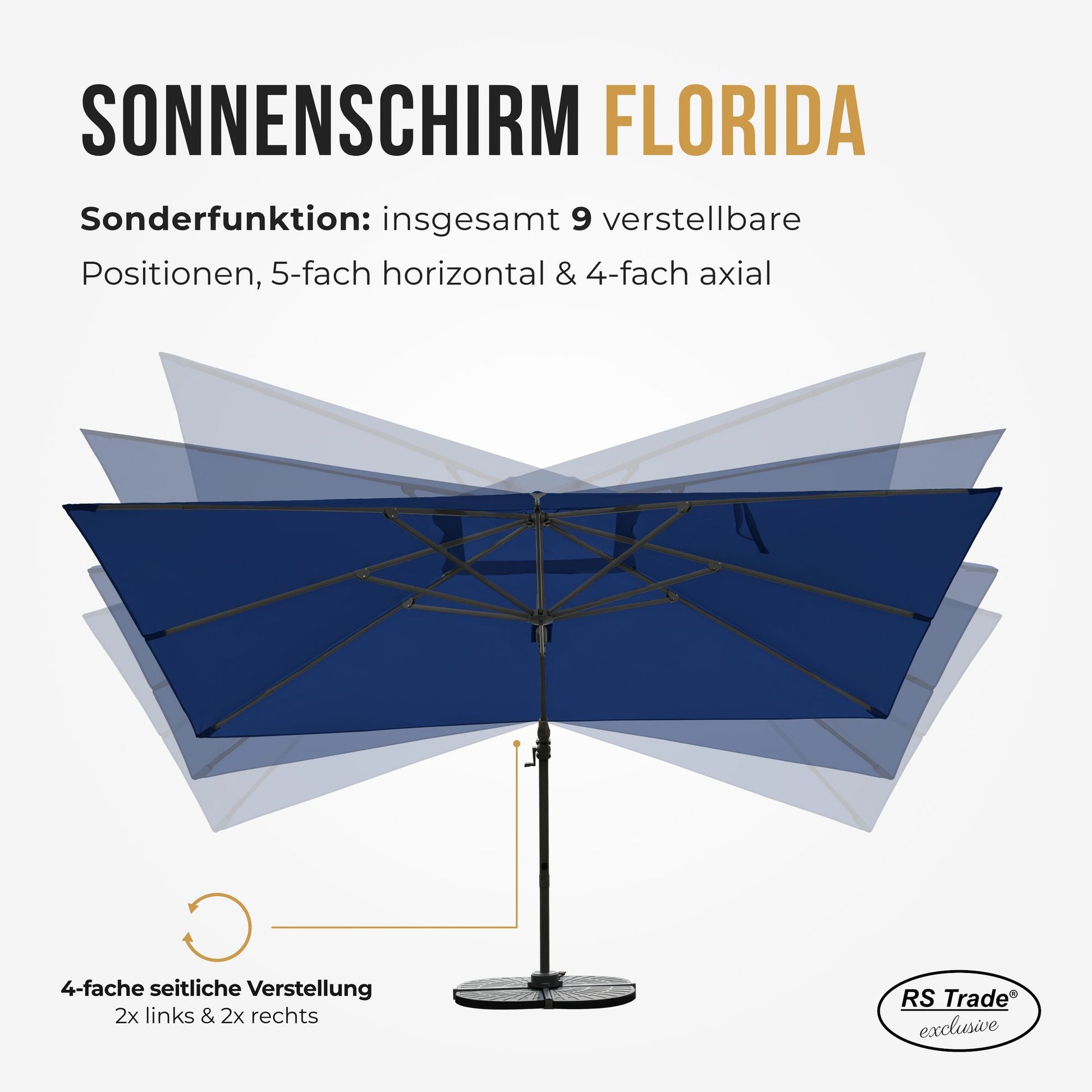 Sonnenschirm mit 9 verstellbaren Positionen, 5-fach horizontal und 4-fach axial schwenkbar. Dunkelblau