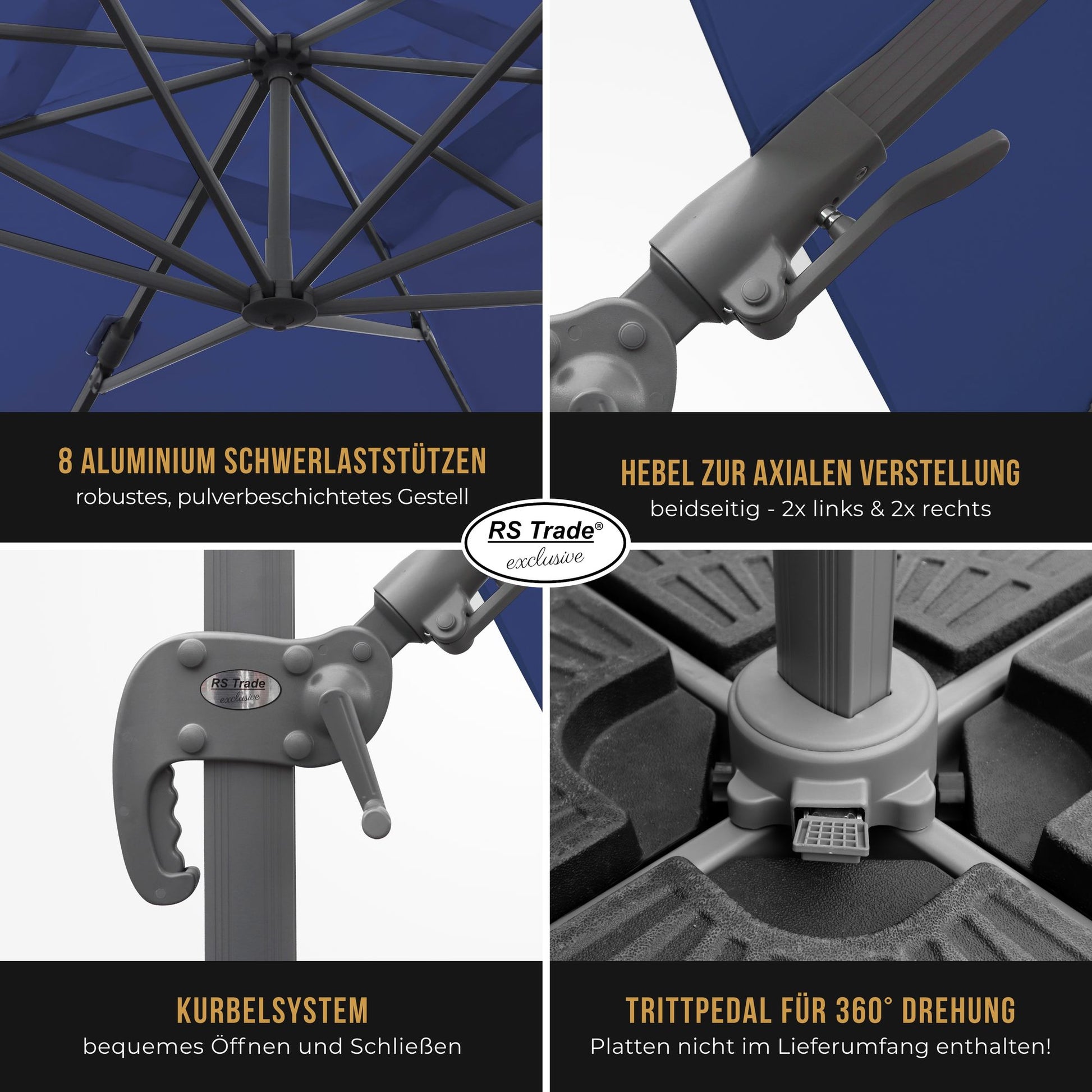 Detailansicht Sonnenschirm Florida: 8 Alu-Stützen, Kurbel, Hebel, Trittpedal für 360°-Drehung. Dunkelblau