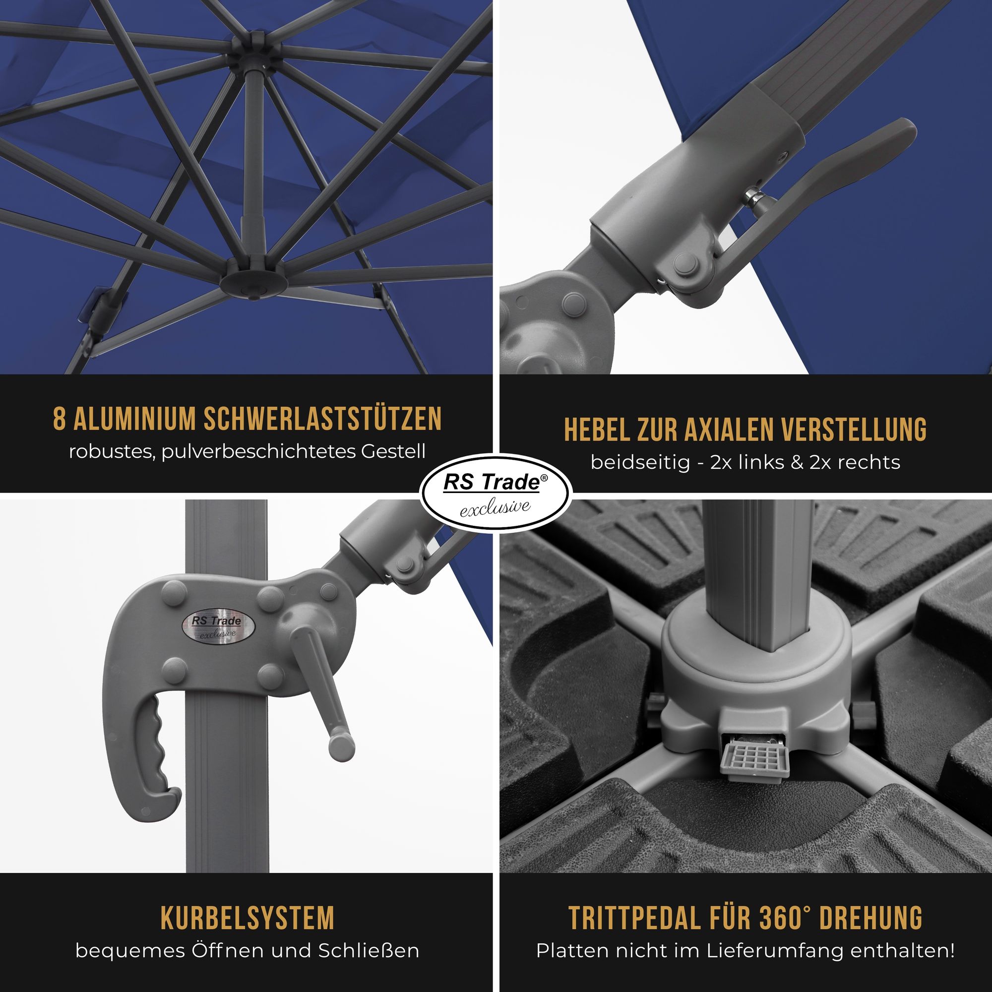 Detailansicht Sonnenschirm Florida: 8 Alu-Stützen, Kurbel, Hebel, Trittpedal für 360°-Drehung. Dunkelblau
