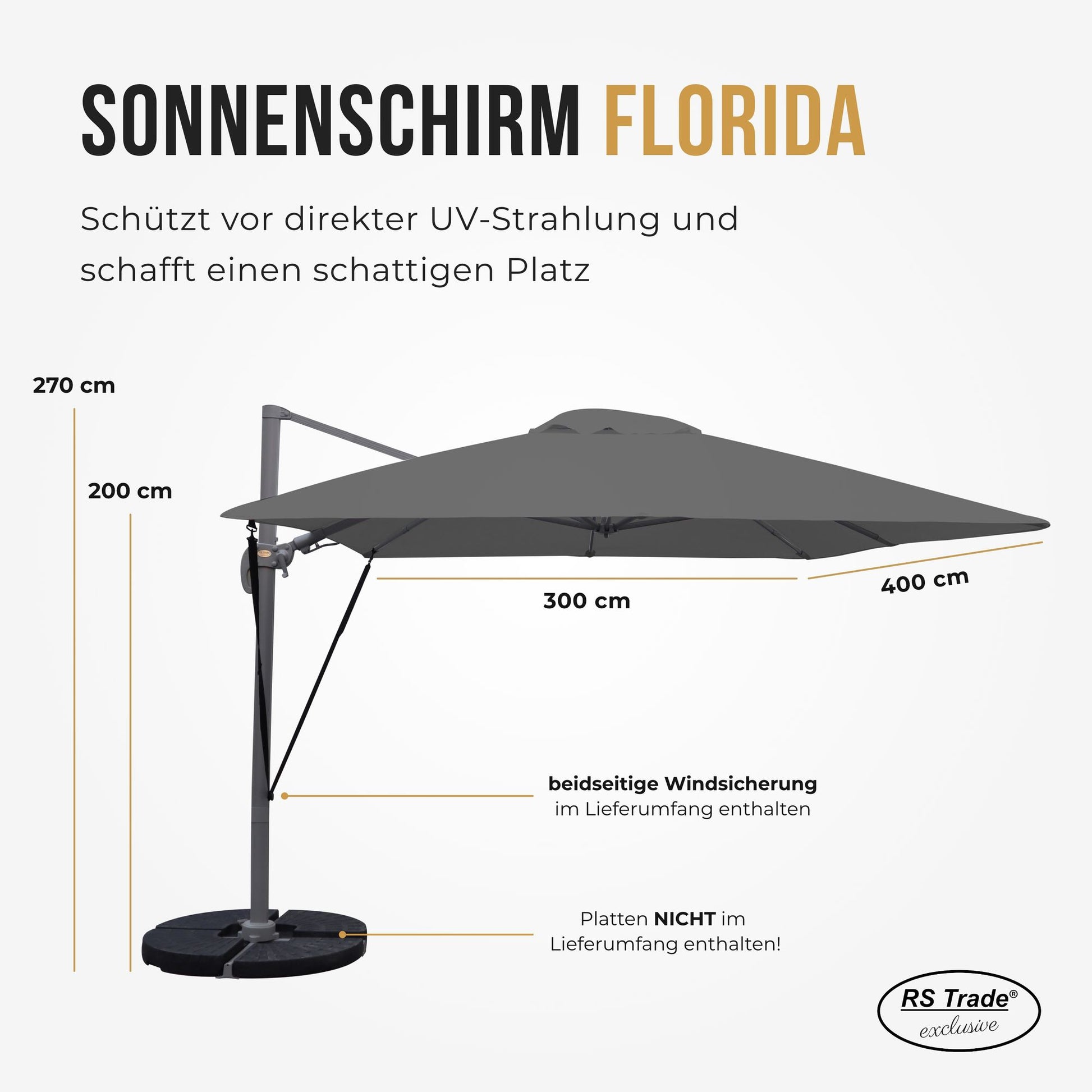 Sonnenschirm Florida, 300x400 cm, beidseitige Windsicherung, UV-Schutz, 270 cm hoch, ideal für Schattenplätze. Dunkelgrau