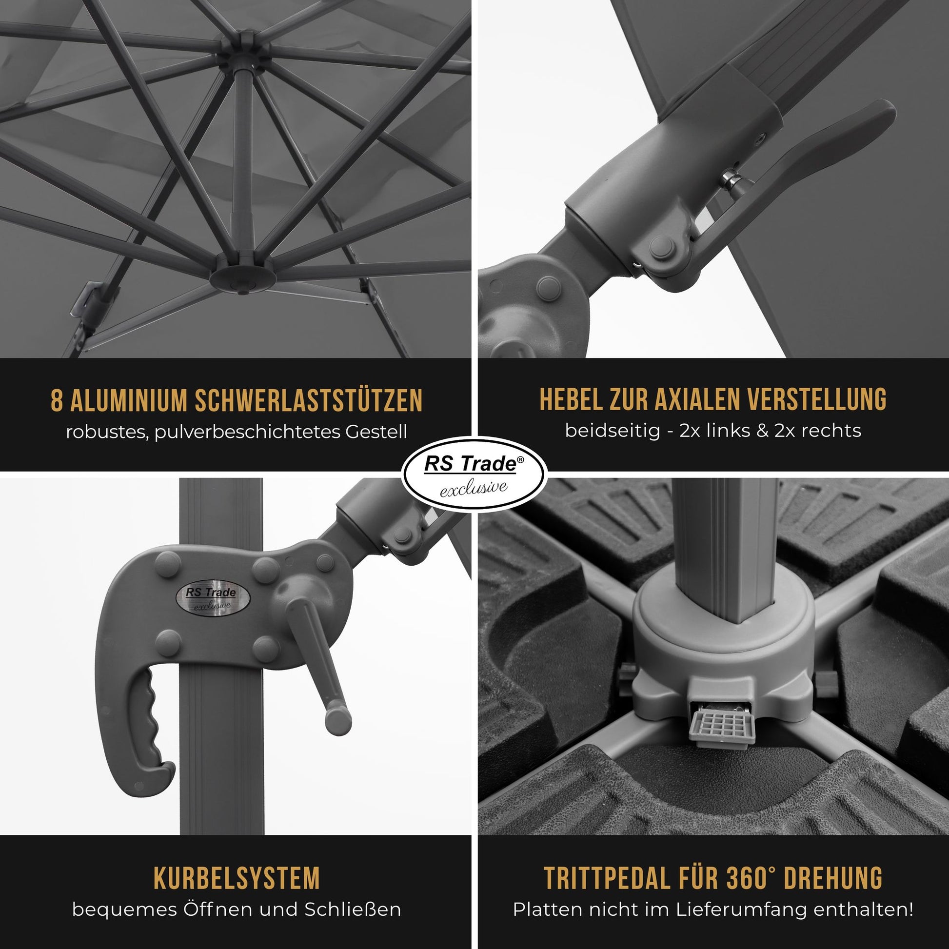 Detailansicht Sonnenschirm Florida: 8 Alu-Stützen, Kurbel, Hebel, Trittpedal für 360°-Drehung. Dunkelgrau