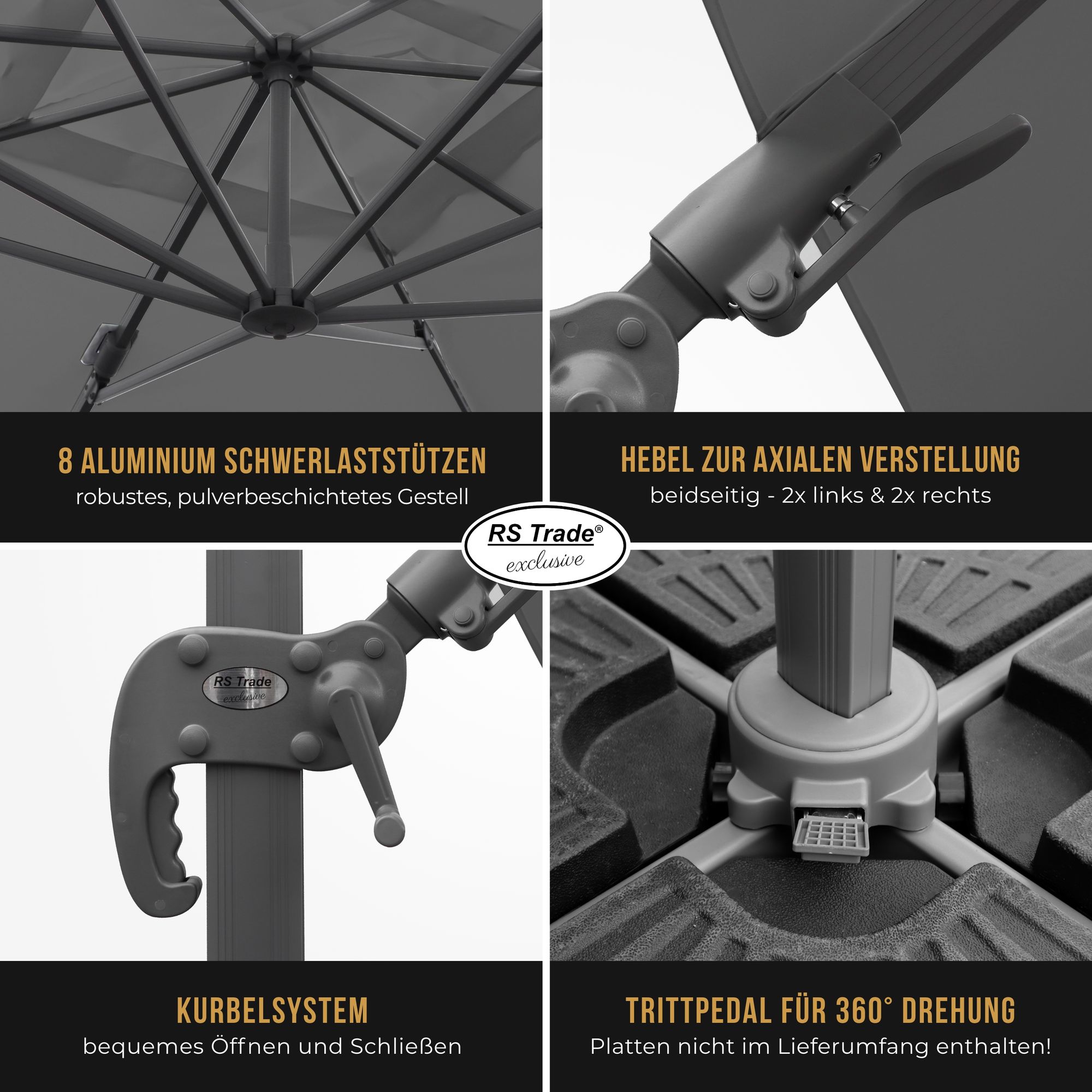 Detailansicht Sonnenschirm Florida: 8 Alu-Stützen, Kurbel, Hebel, Trittpedal für 360°-Drehung. Dunkelgrau