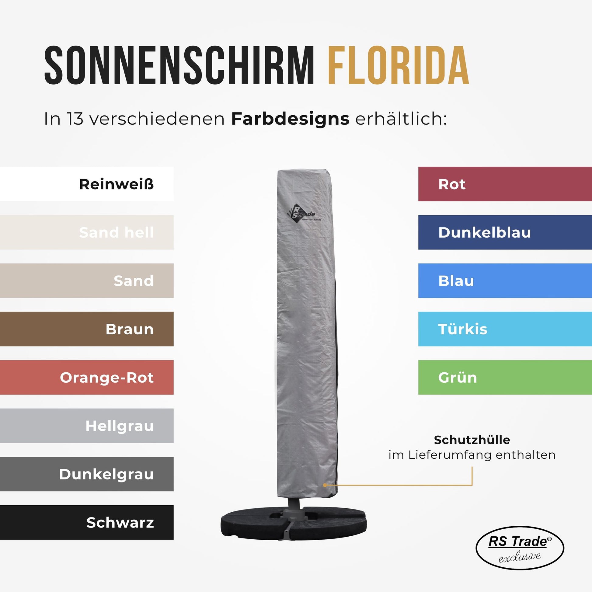 Sonnenschirm mit Schutzhülle, erhältlich in 13 Farben, inklusive praktischer Schutzhülle. Dunkelgrau