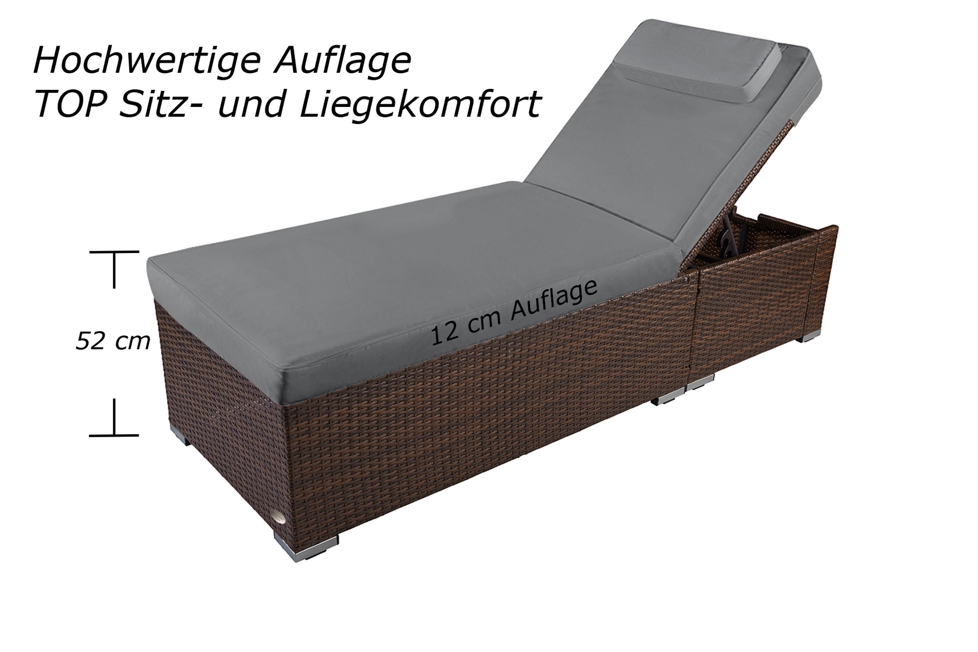 Braune Sonnenliege mit grauer Polsterung und verstellbarer Rückenlehne, Sitzhöhe 52 cm.