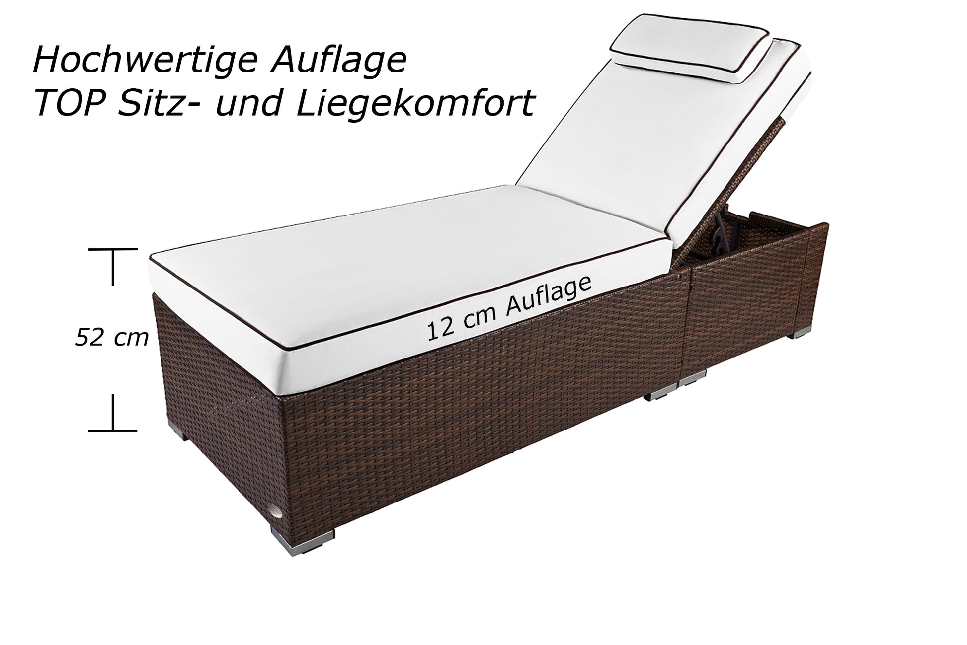 Braune Sonnenliege mit weißer Polsterung und verstellbarer Rückenlehne, Sitzhöhe 52 cm.