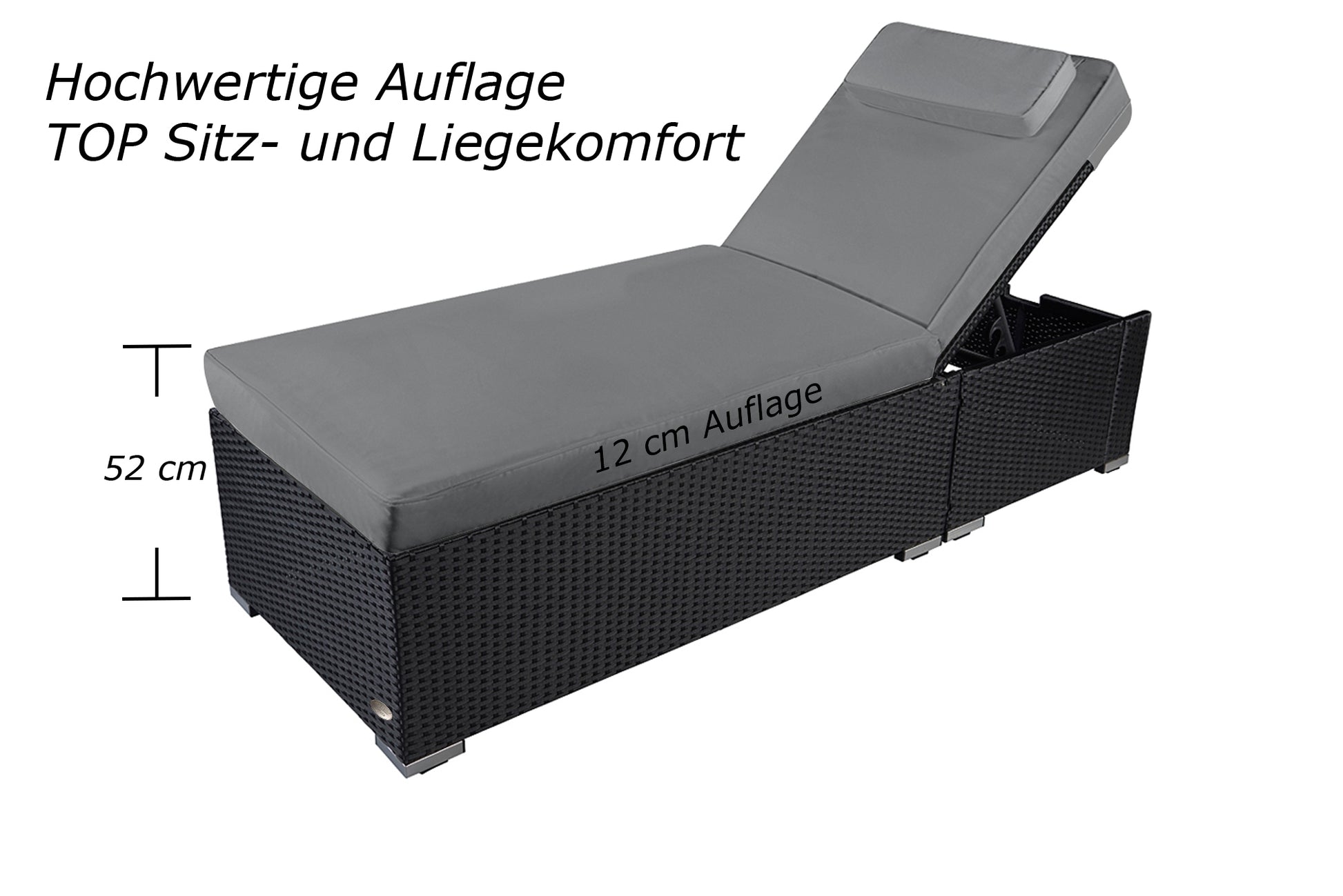 Schwarze Sonnenliege mit grauer Polsterung und verstellbarer Rückenlehne, Sitzhöhe 52 cm.