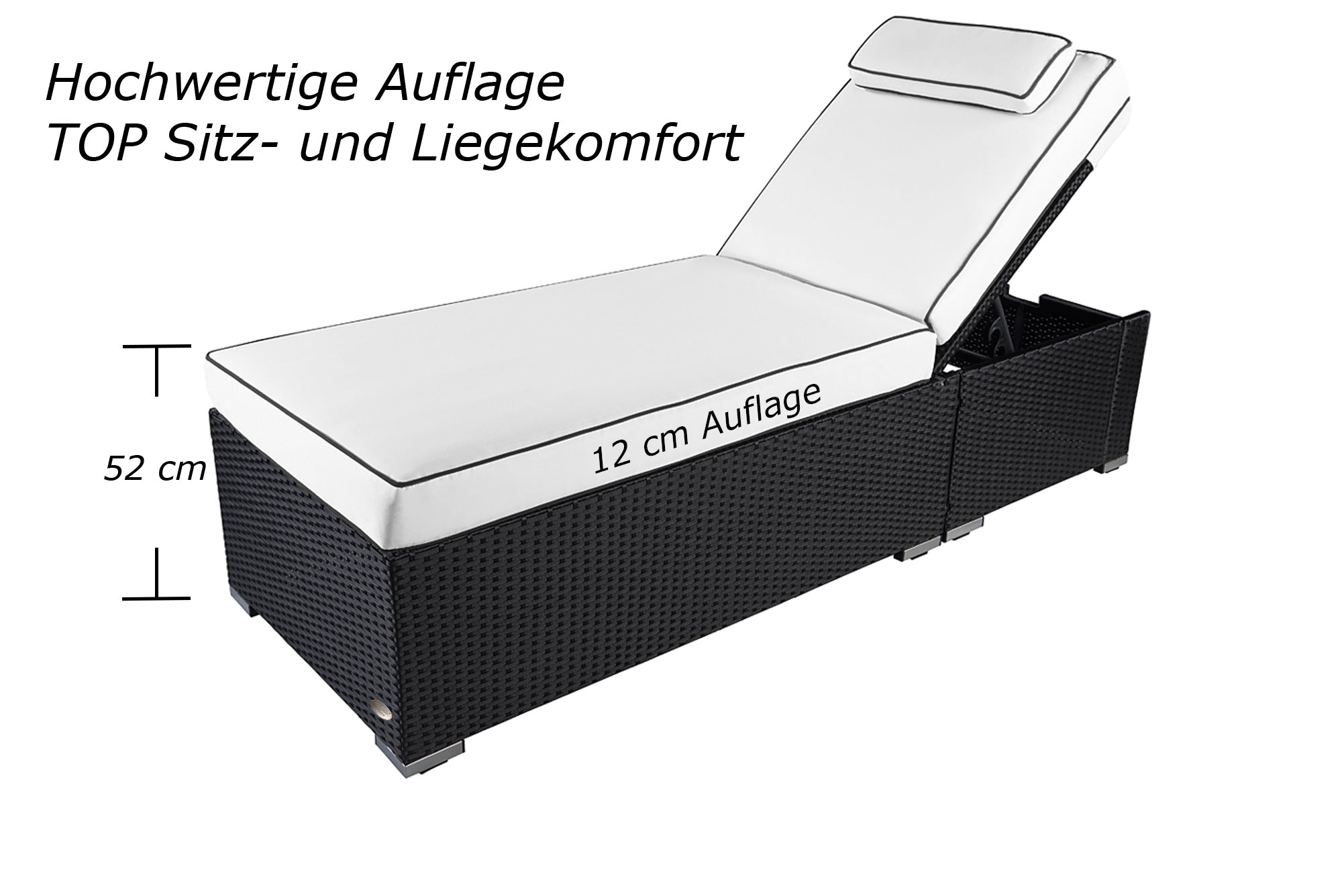Schwarze Sonnenliege mit weißer Polsterung und verstellbarer Rückenlehne, Sitzhöhe 52 cm.