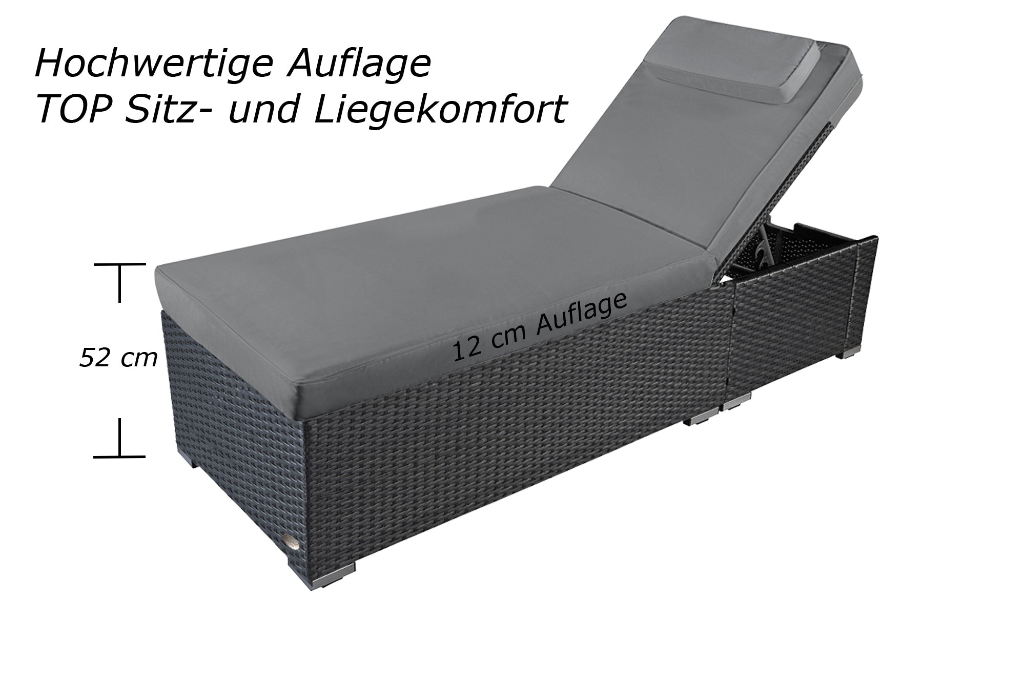 Graue Sonnenliege mit grauer Polsterung und verstellbarer Rückenlehne, Sitzhöhe 52 cm.