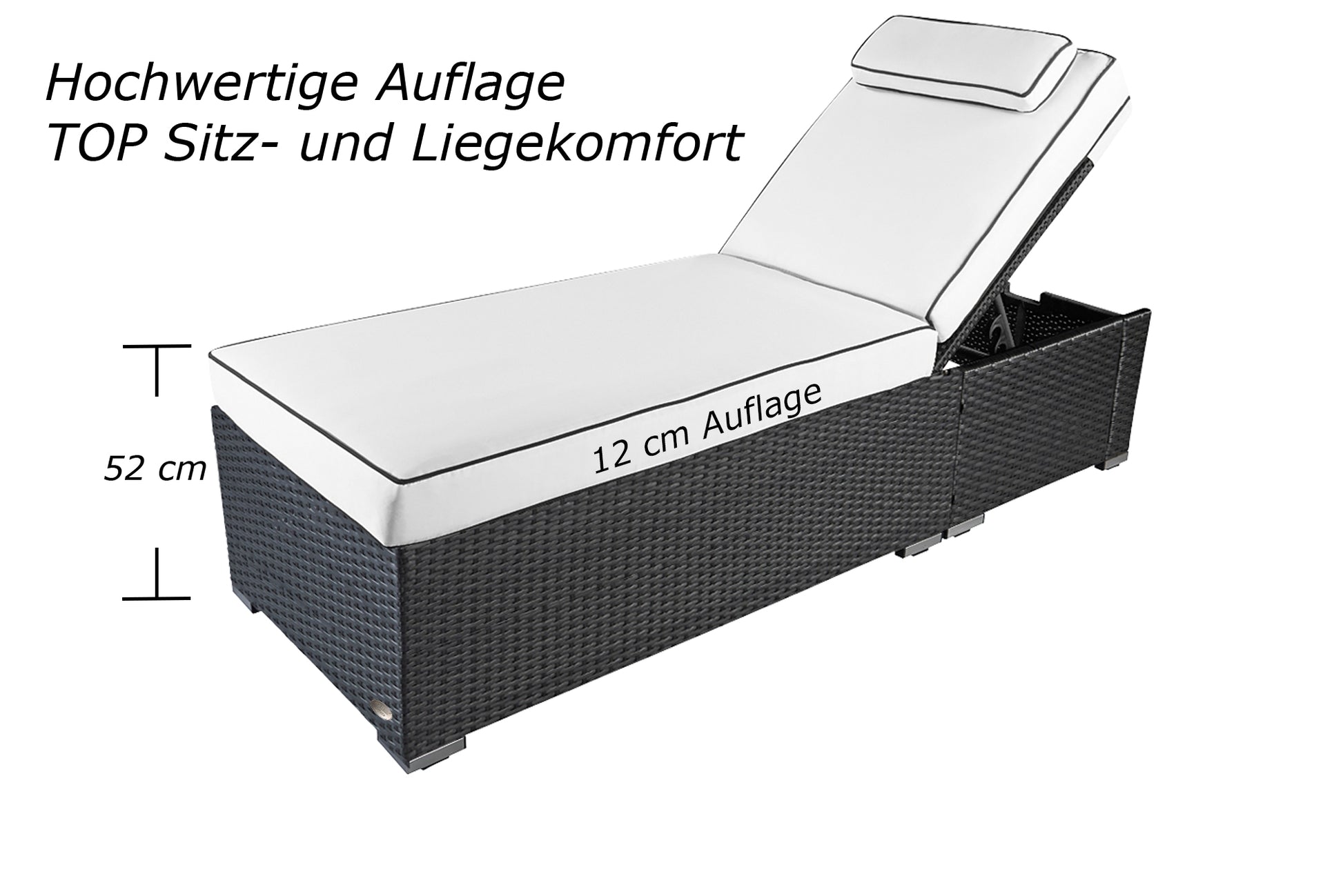 Graue Sonnenliege mit weißer Polsterung und verstellbarer Rückenlehne, Sitzhöhe 52 cm.
