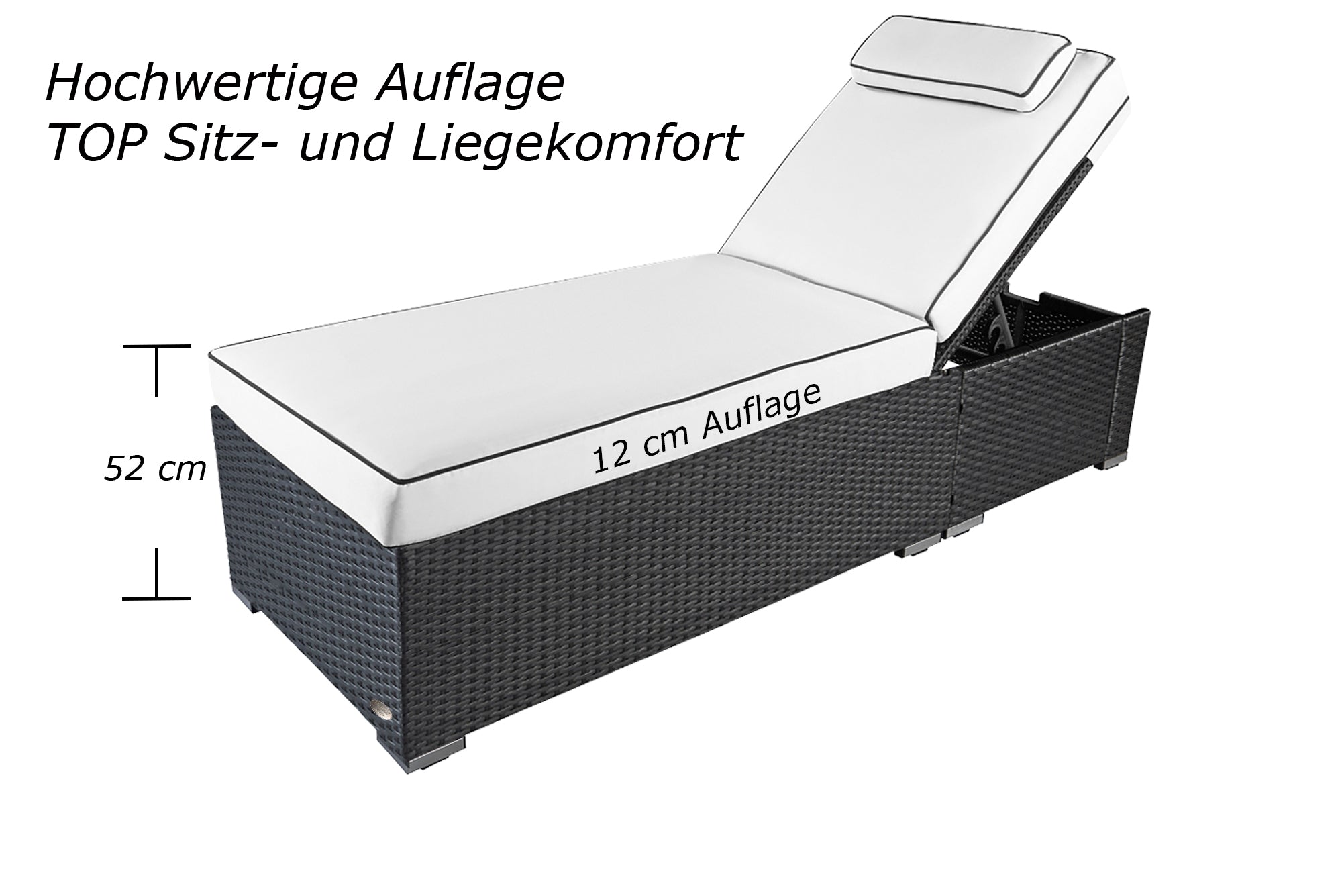 Graue Sonnenliege mit weißer Polsterung und verstellbarer Rückenlehne, Sitzhöhe 52 cm.