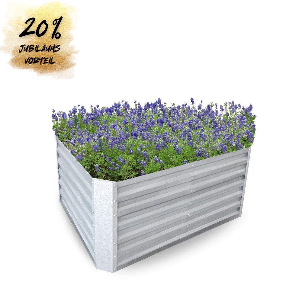 Rechteckiges Hochbeet aus verzinktem Stahl mit blühenden Pflanzen und Jubiläumsrabatt-Hinweis