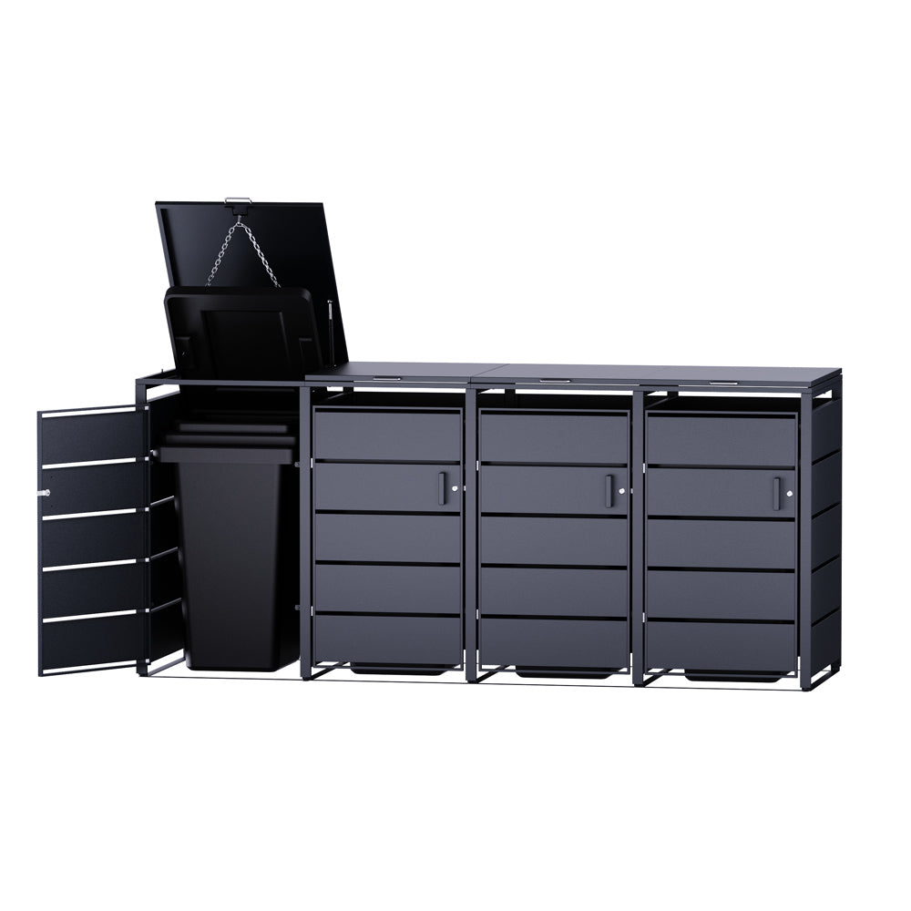 Geöffnete Mülltonnenbox mit herausgezogener Tonne, daneben drei geschlossene Fächer.