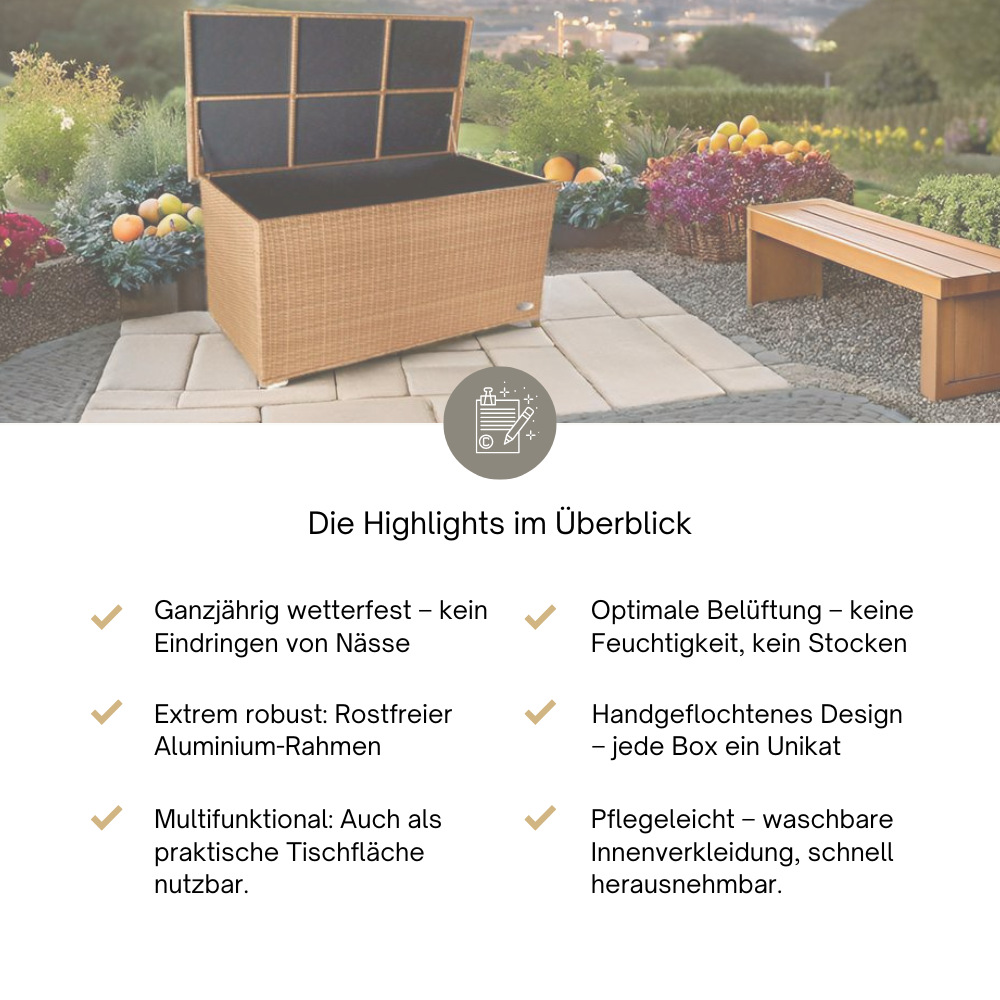 Geöffnete Venezia-Box in Naturton, auf einer Terrasse mit Ausblick und Gemüsebeet im Hintergrund.