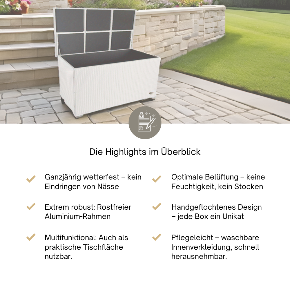 Geöffnete Venezia-Box in Naturton, auf einer Terrasse mit Ausblick und Gemüsebeet im Hintergrund.
