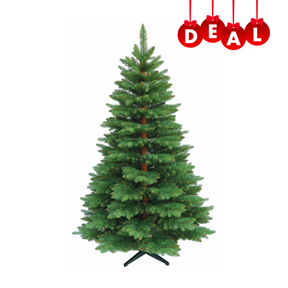 Grüner künstlicher Weihnachtsbaum mit breiten Zweigen, auf schwarzem Baumständer stehend. 120 cm_Dealzember