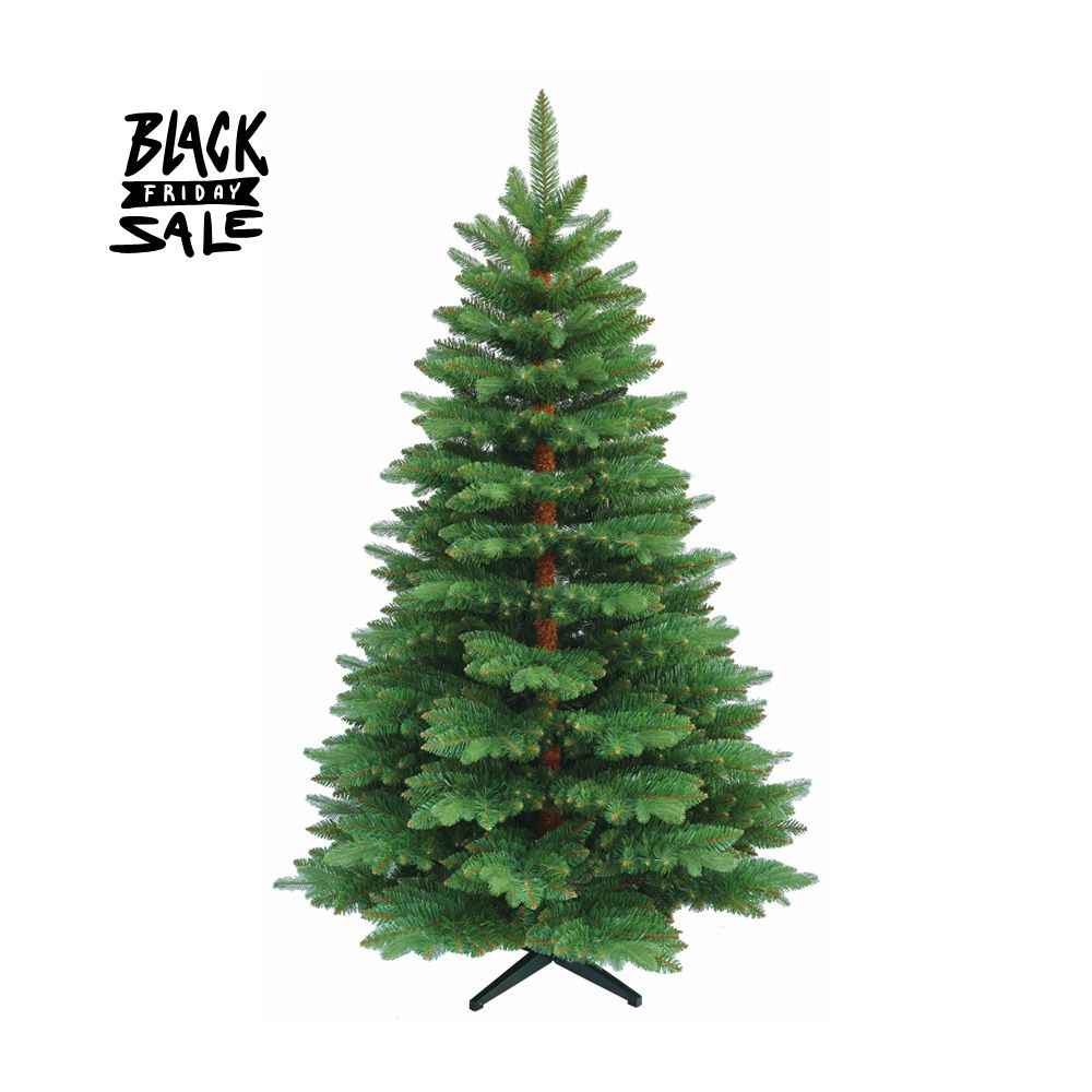 Grüner künstlicher Weihnachtsbaum mit breiten Zweigen, auf schwarzem Baumständer stehend. 150 cm