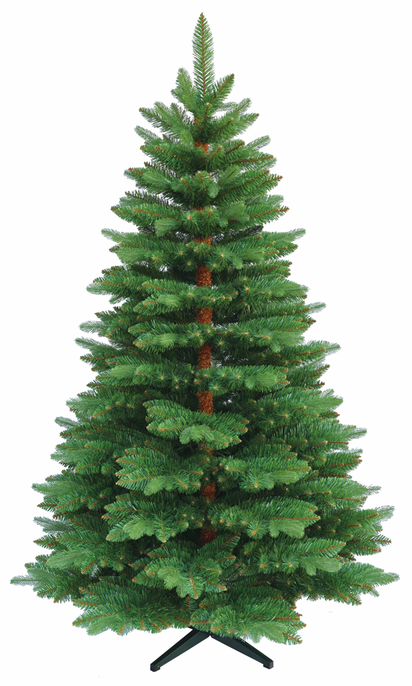 Grüner künstlicher Weihnachtsbaum mit breiten Zweigen, auf schwarzem Baumständer stehend. 180 cm