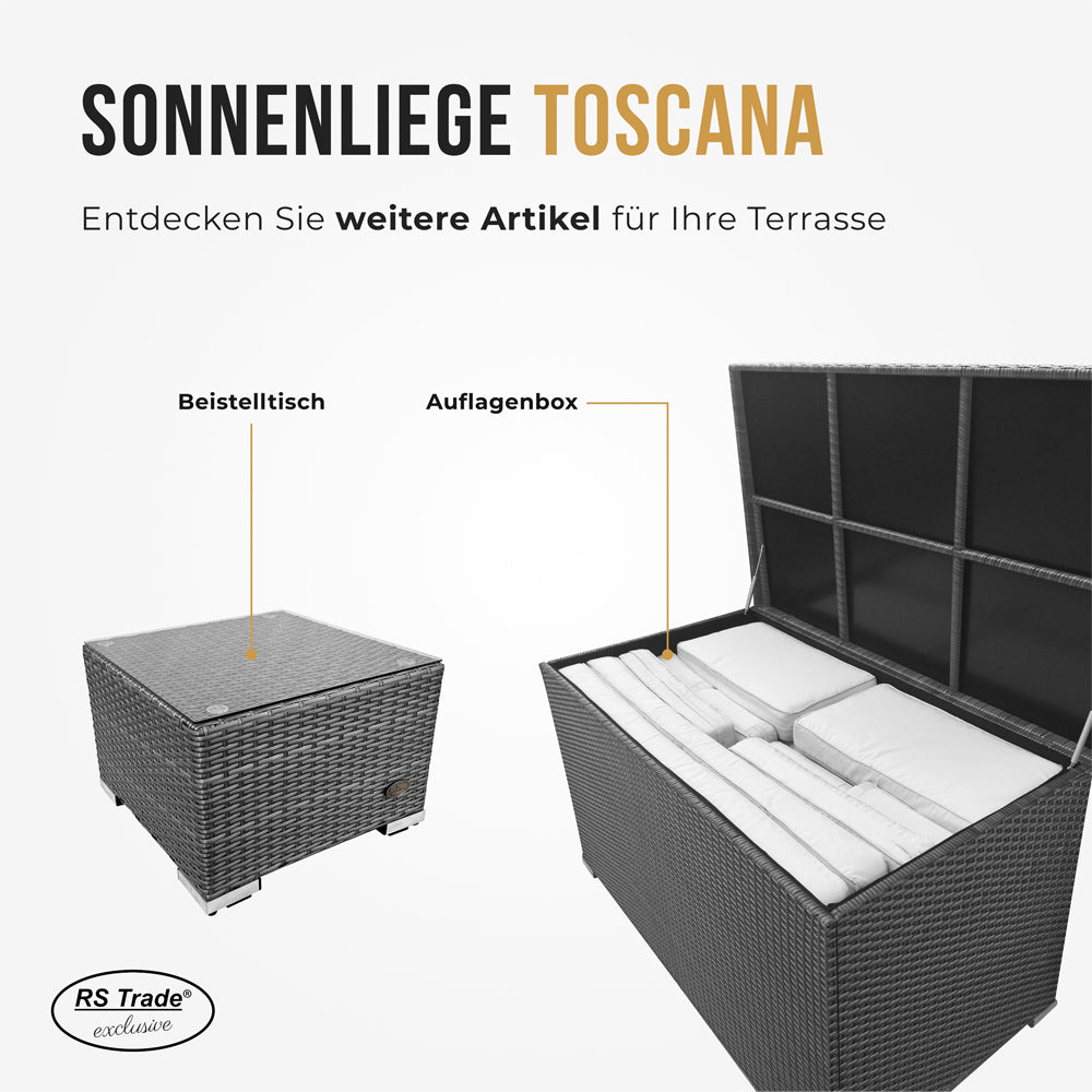 Graue Auflagenbox und Beistelltisch passend zu der Sonnenliege Toscana.