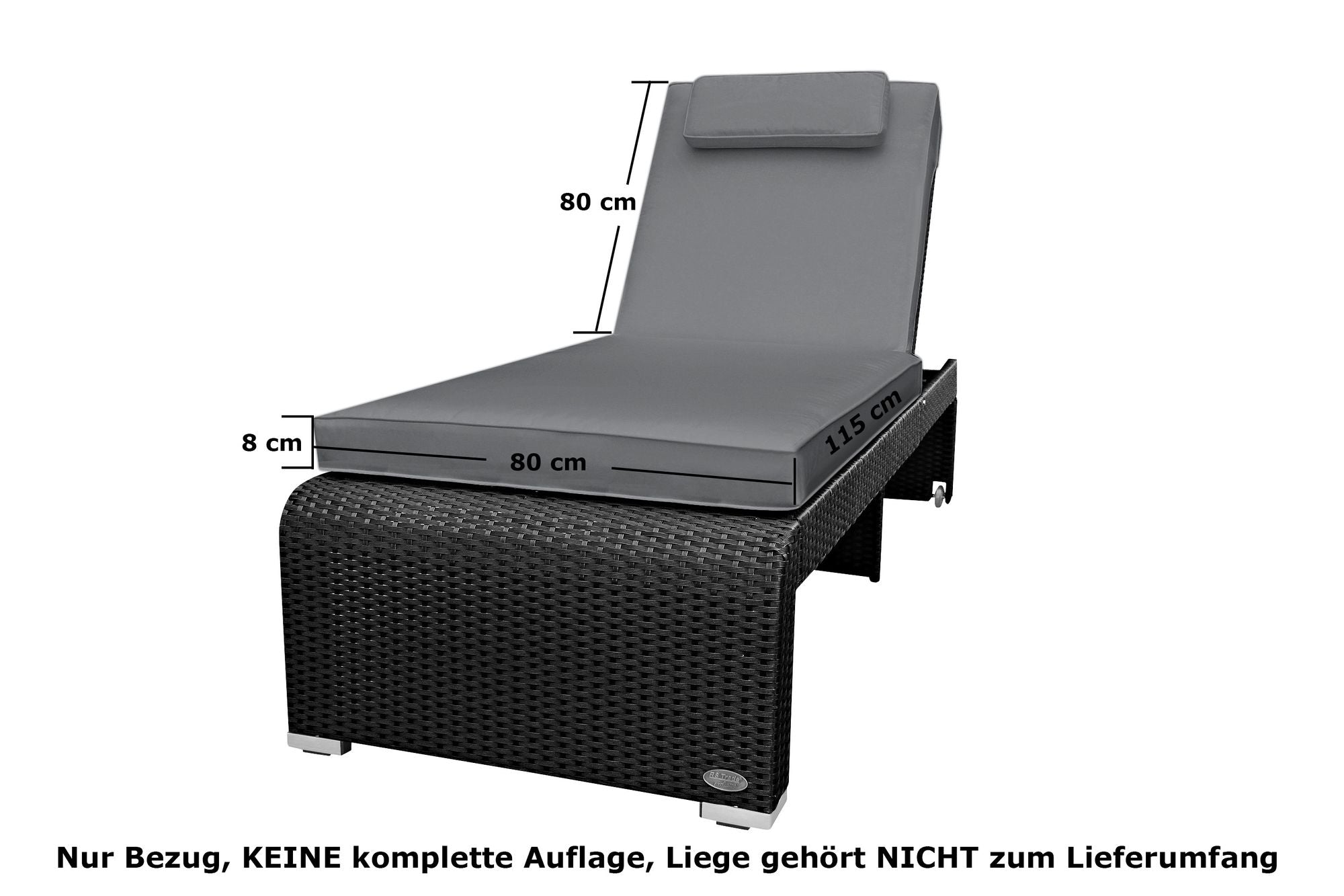 Graue, weiche Auflage mit Nackenkissen auf einer Rattan-Sonnenliege, Monza, Maße 115x80x8 cm.