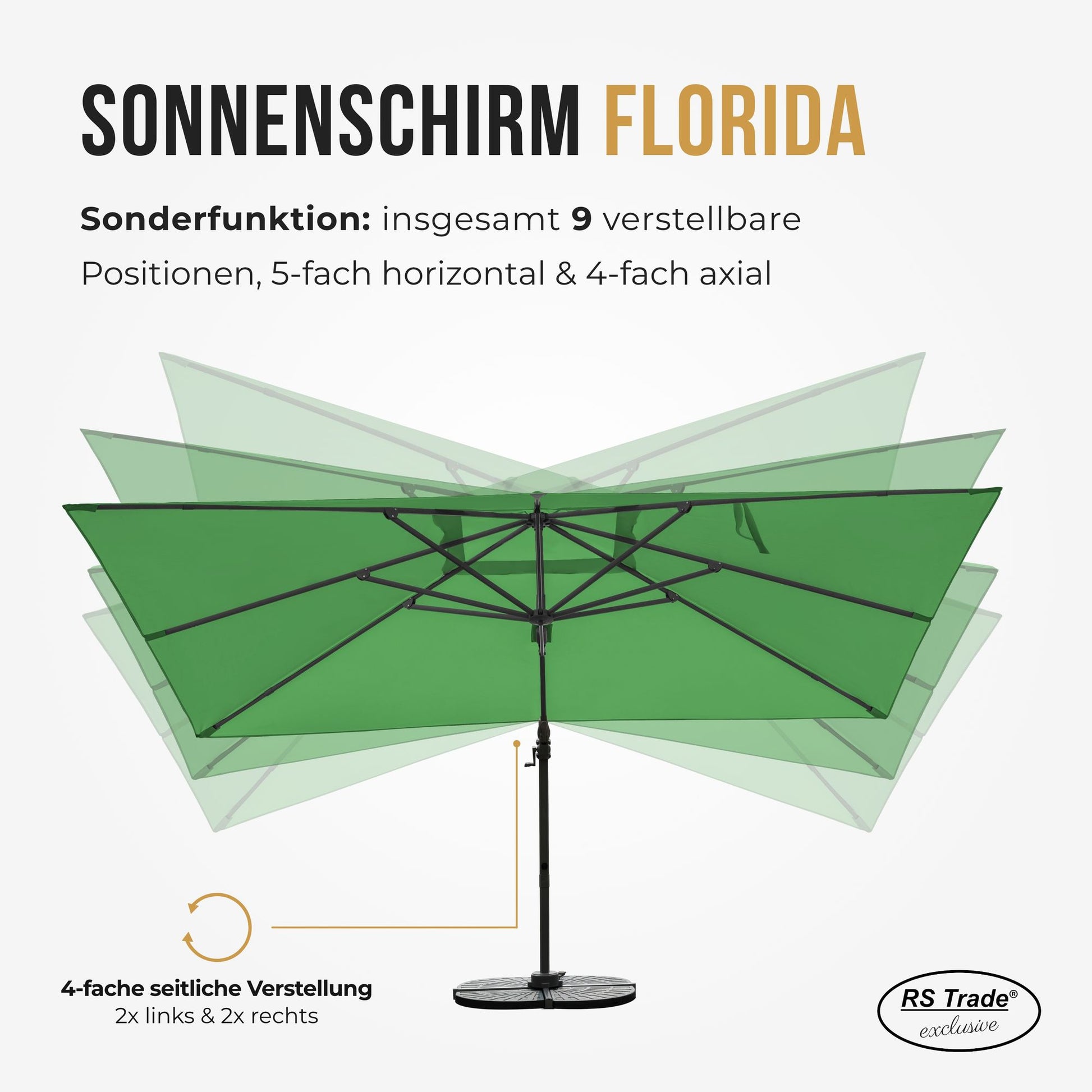 Sonnenschirm mit 9 verstellbaren Positionen, 5-fach horizontal und 4-fach axial schwenkbar. Gruen