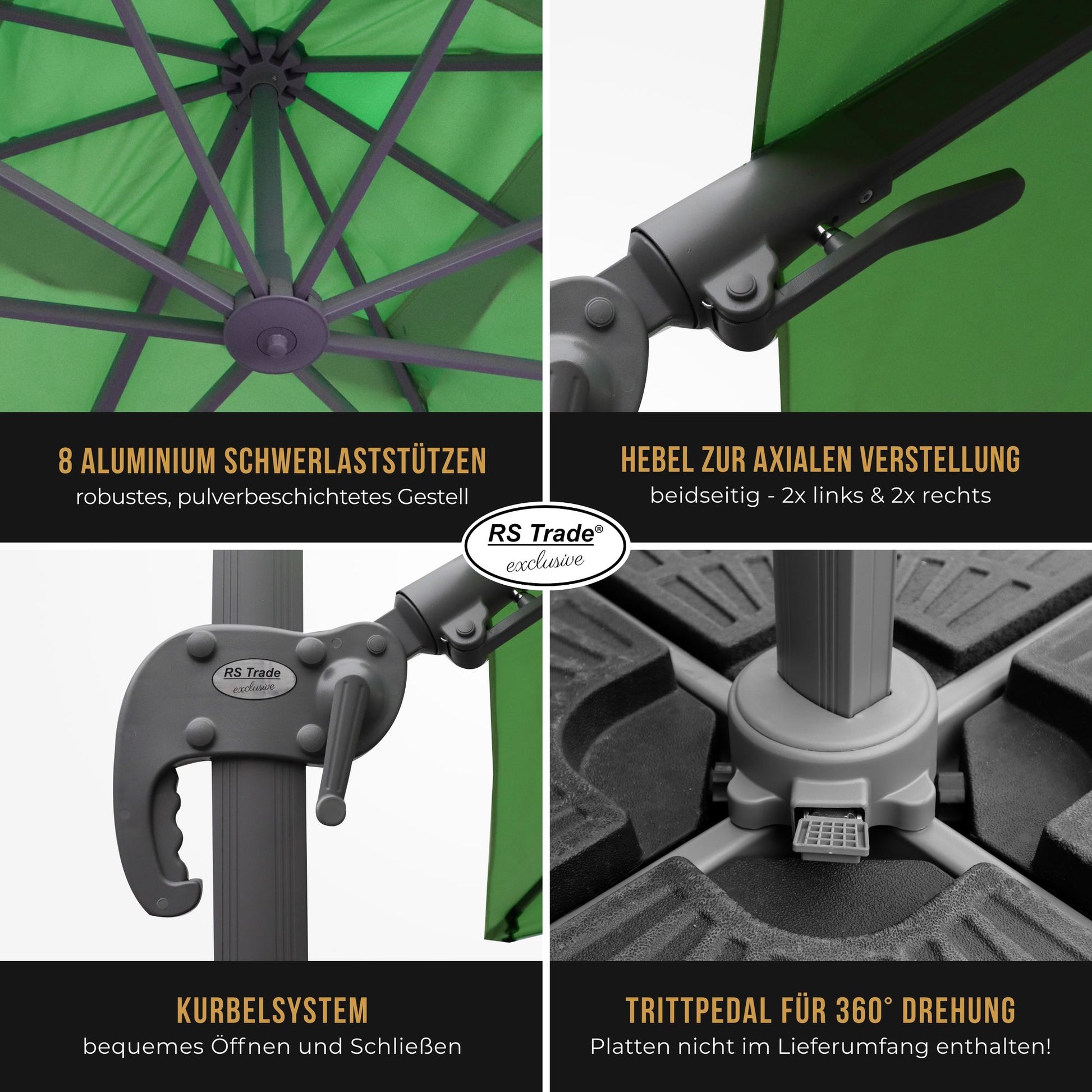 Detailansicht Sonnenschirm Florida: 8 Alu-Stützen, Kurbel, Hebel, Trittpedal für 360°-Drehung. Gruen
