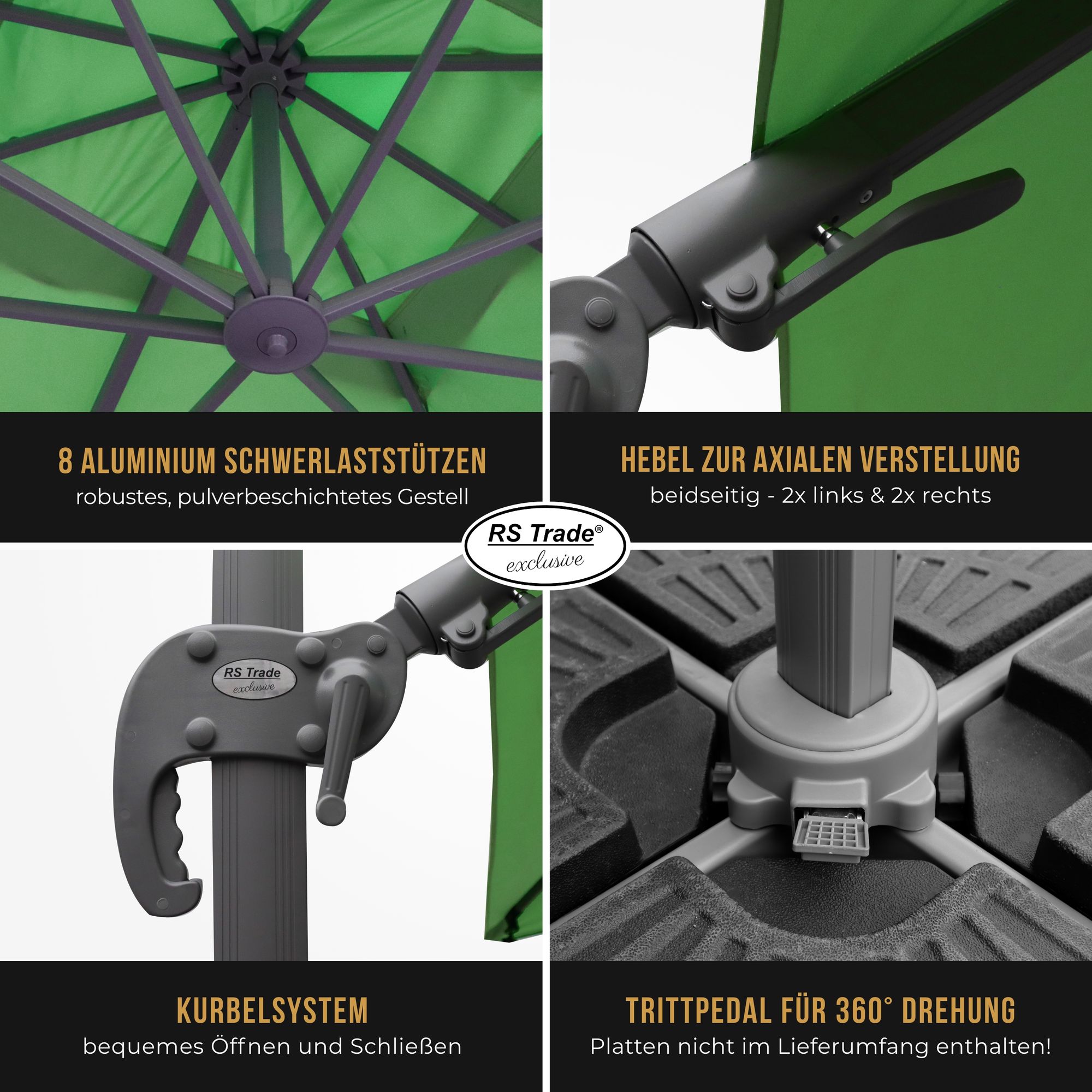 Detailansicht Sonnenschirm Florida: 8 Alu-Stützen, Kurbel, Hebel, Trittpedal für 360°-Drehung. Gruen