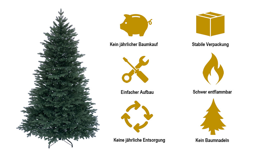 Kuenstlicher Weihnachtsbaum mit grünen Nadeln und Symbolen: kein Baumkauf, stabil, sicher, schwer entflammbar. 210 cm