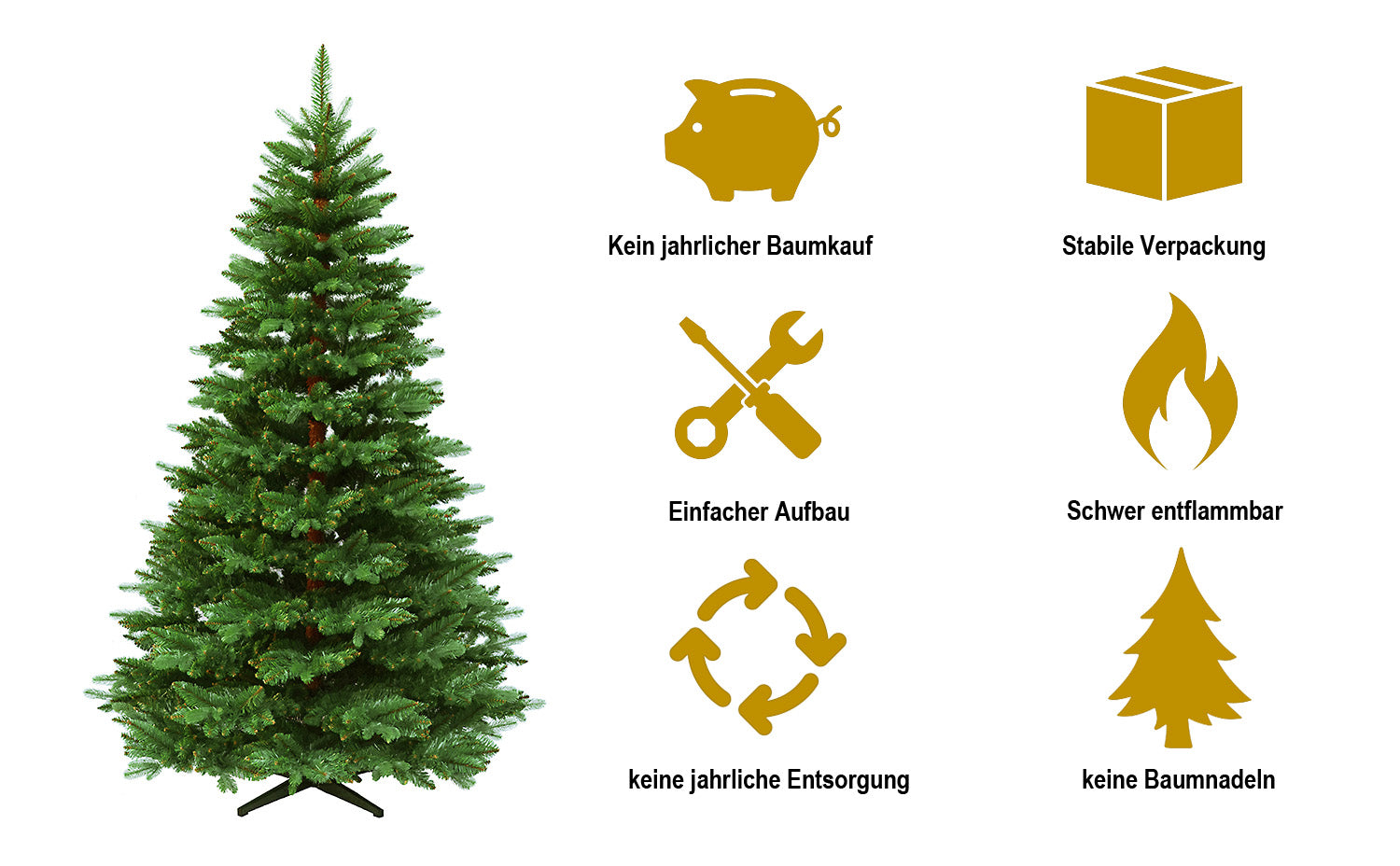Künstlicher Weihnachtsbaum aus PVC-Spritzguss mit dichtem grünen Nadelwerk, freistehend. 180 cm