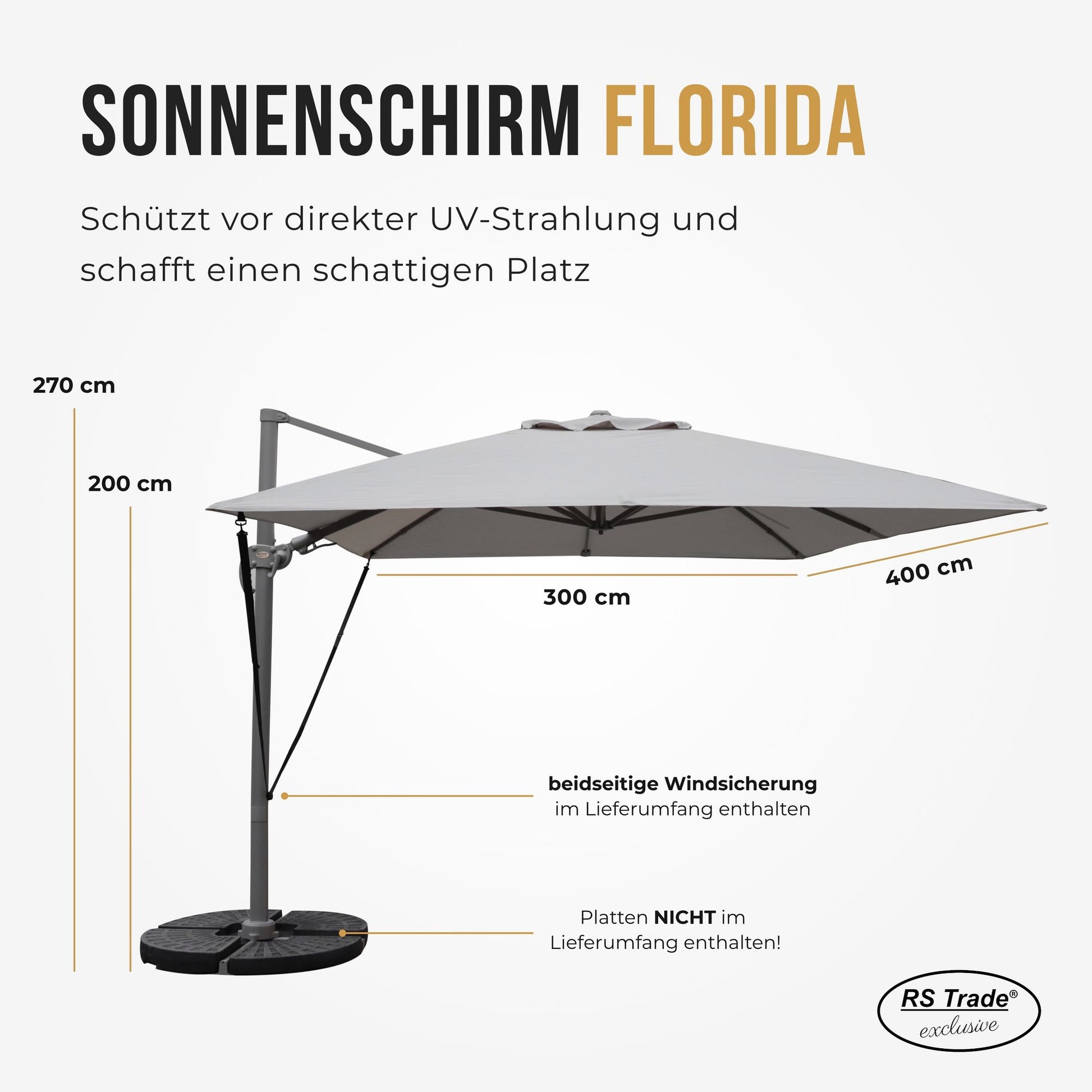 Sonnenschirm Florida, 300x400 cm, beidseitige Windsicherung, UV-Schutz, 270 cm hoch, ideal für Schattenplätze. Hellgrau