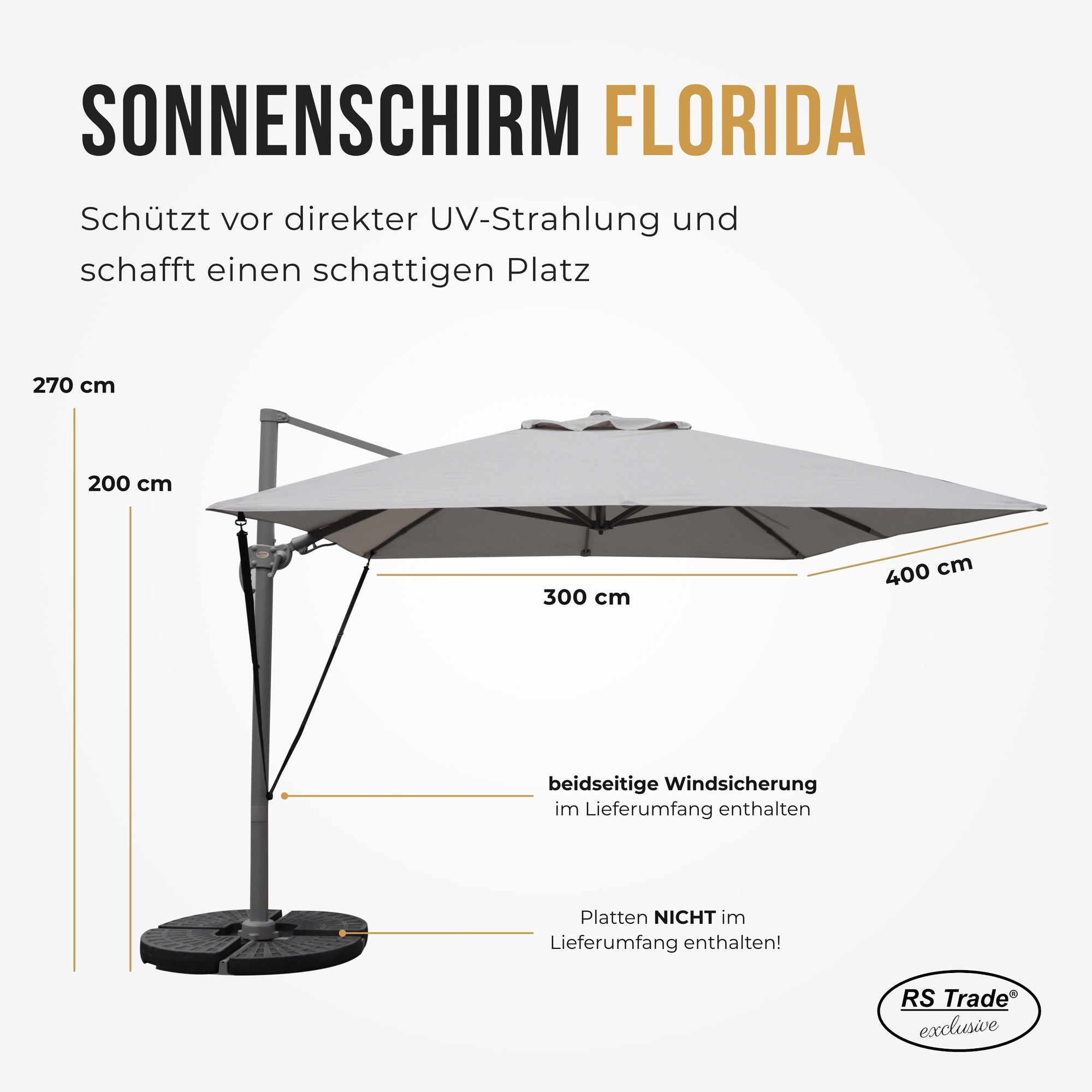 Sonnenschirm Florida, 300x400 cm, beidseitige Windsicherung, UV-Schutz, 270 cm hoch, ideal für Schattenplätze. Hellgrau