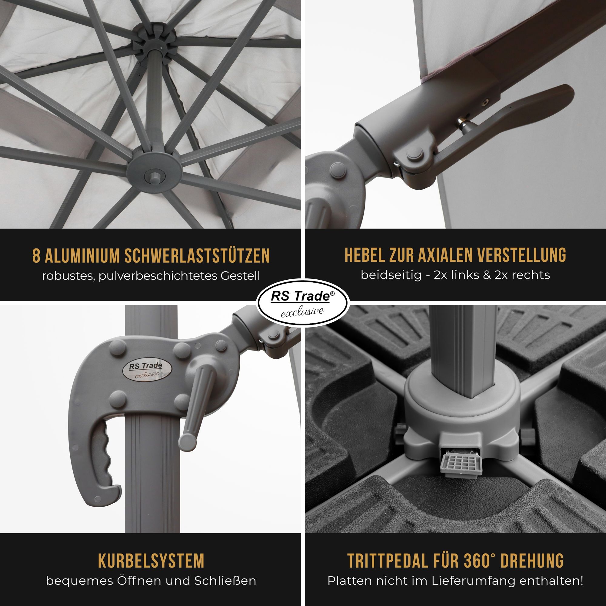 Detailansicht Sonnenschirm Florida: 8 Alu-Stützen, Kurbel, Hebel, Trittpedal für 360°-Drehung. Hellgrau