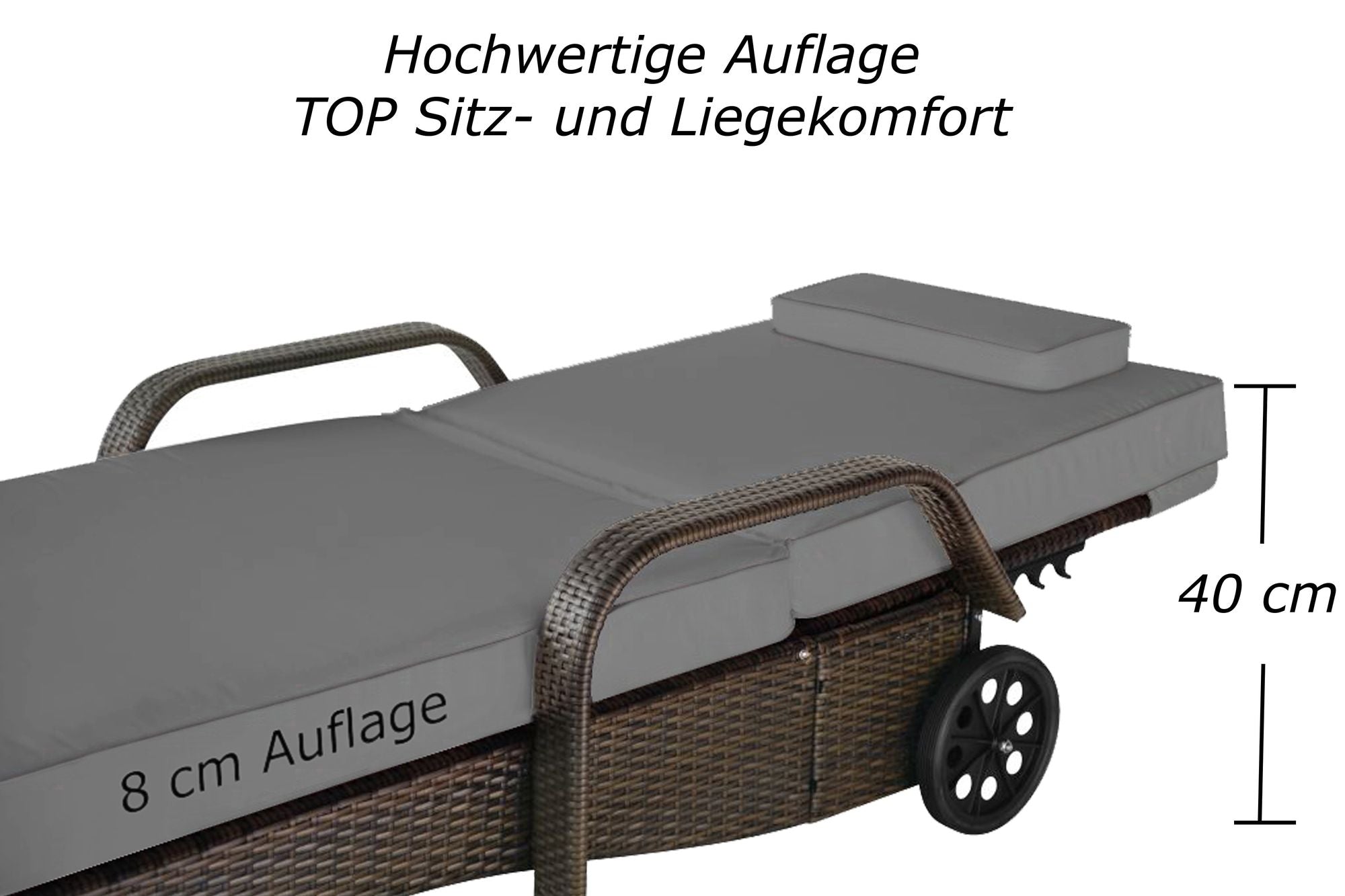 Hochwertige braune Liege mit grauer Auflage, höhenverstellbarer Rückenlehne, stabilen Rädern und 40 cm Sitzhöhe