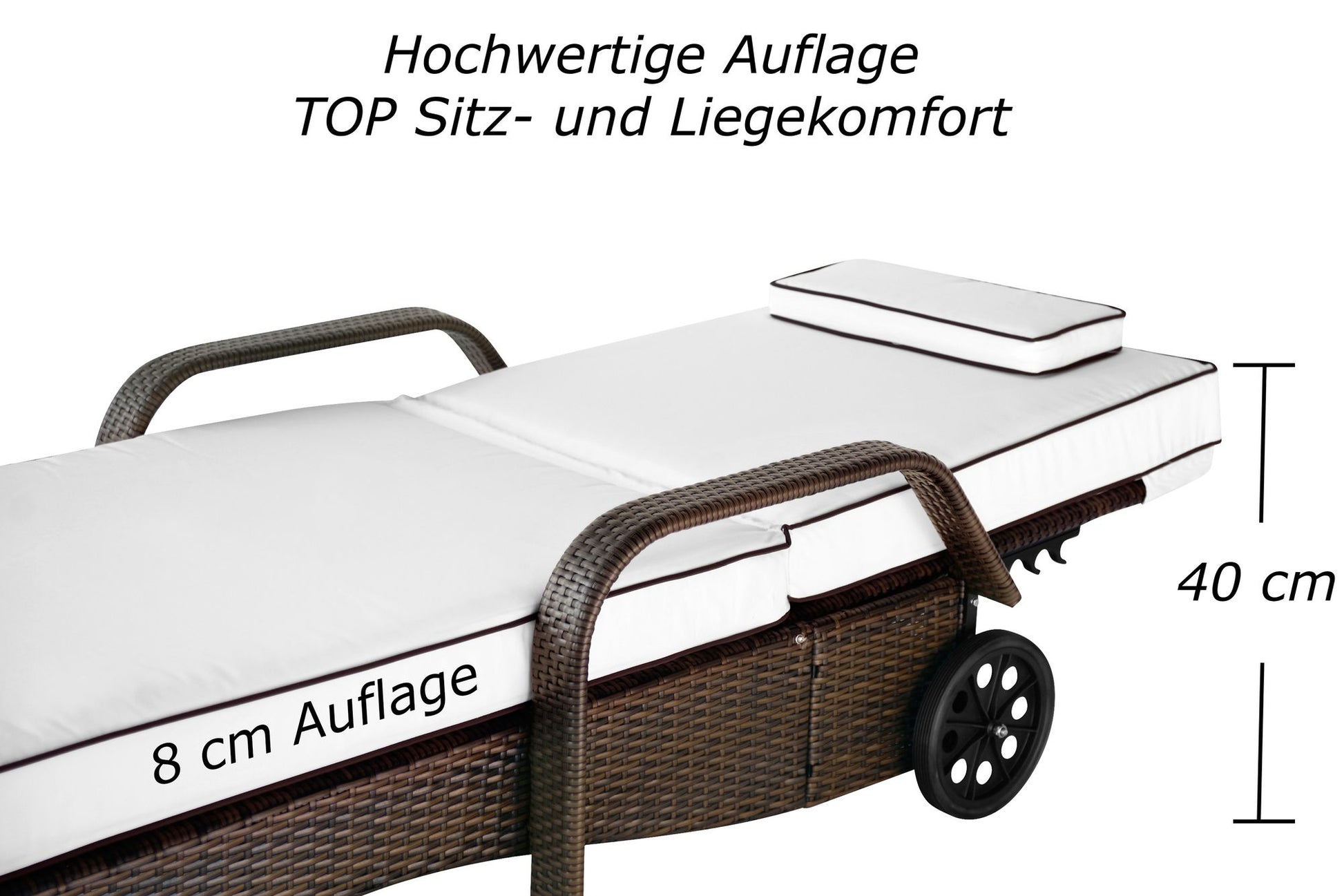 Hochwertige braune Liege mit weißer Auflage, höhenverstellbarer Rückenlehne, stabilen Rädern und 40 cm Sitzhöhe