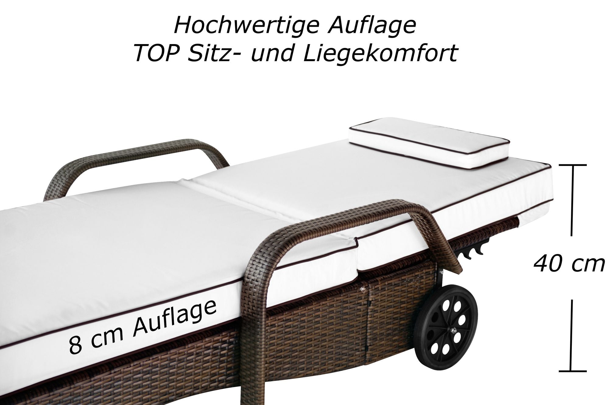 Hochwertige braune Liege mit weißer Auflage, höhenverstellbarer Rückenlehne, stabilen Rädern und 40 cm Sitzhöhe