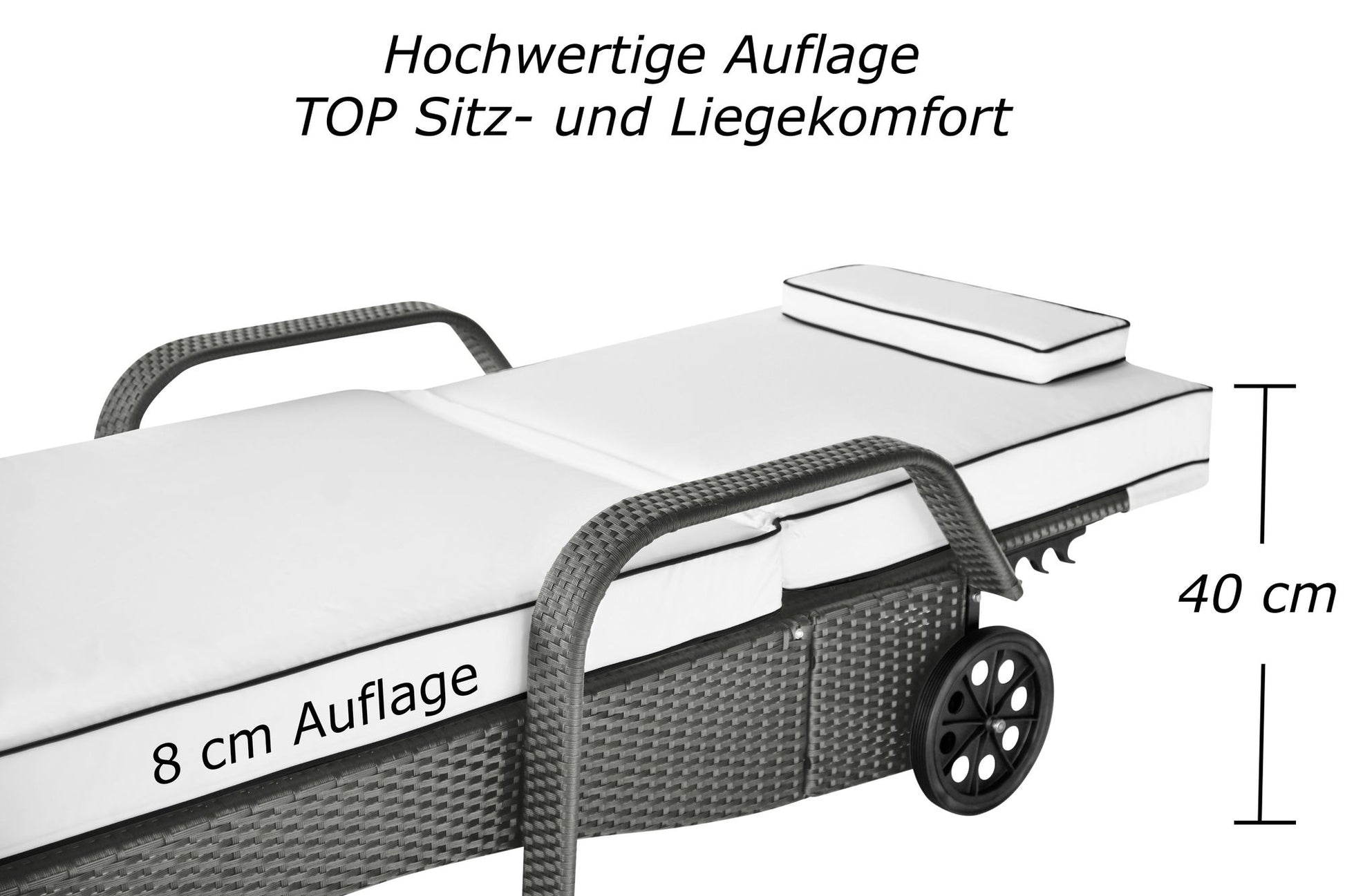 Hochwertige graue Liege mit weißer Auflage, höhenverstellbarer Rückenlehne, stabilen Rädern und 40 cm Sitzhöhe