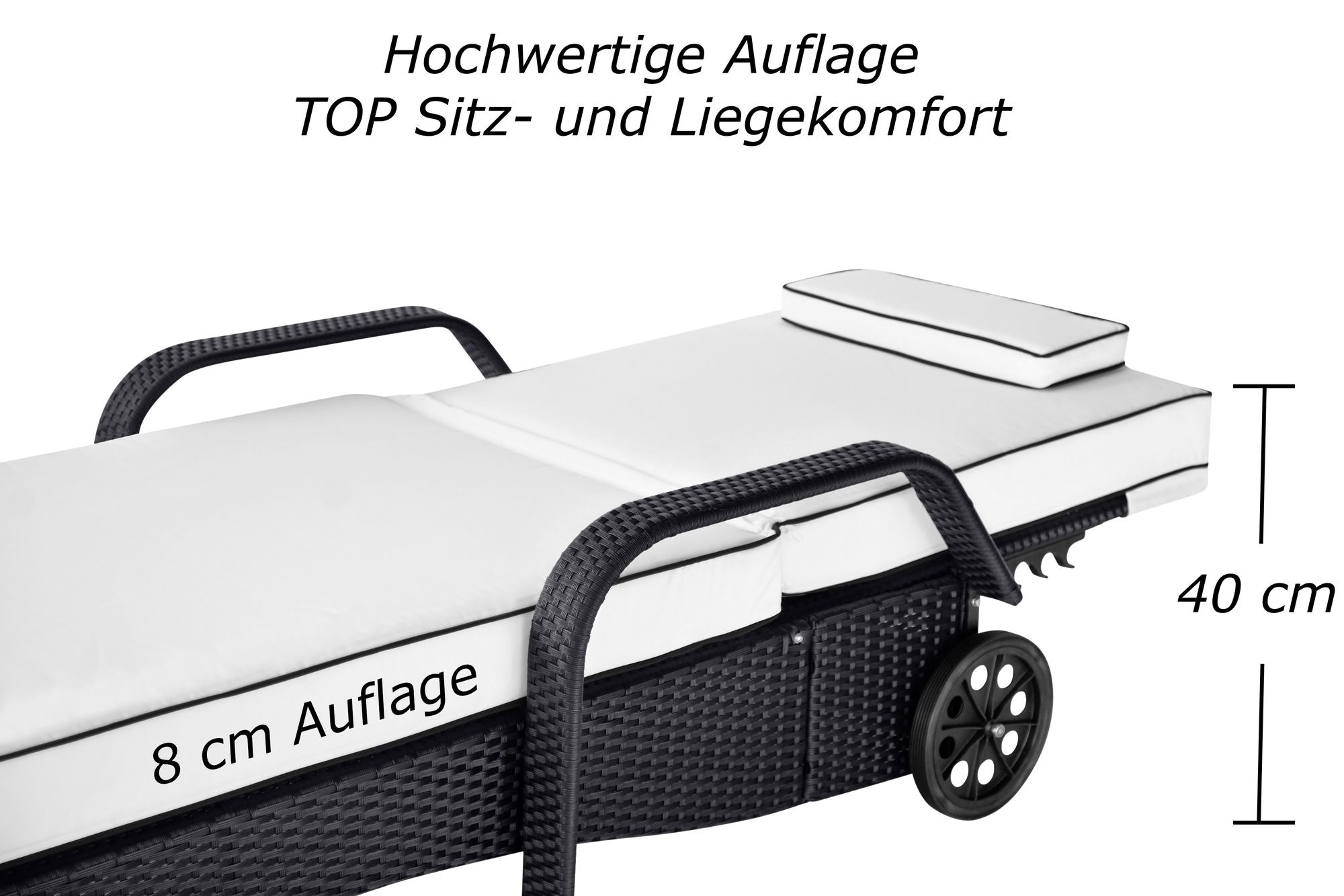 Hochwertige schwarze Liege mit weißer Auflage, höhenverstellbarer Rückenlehne, stabilen Rädern und 40 cm Sitzhöhe