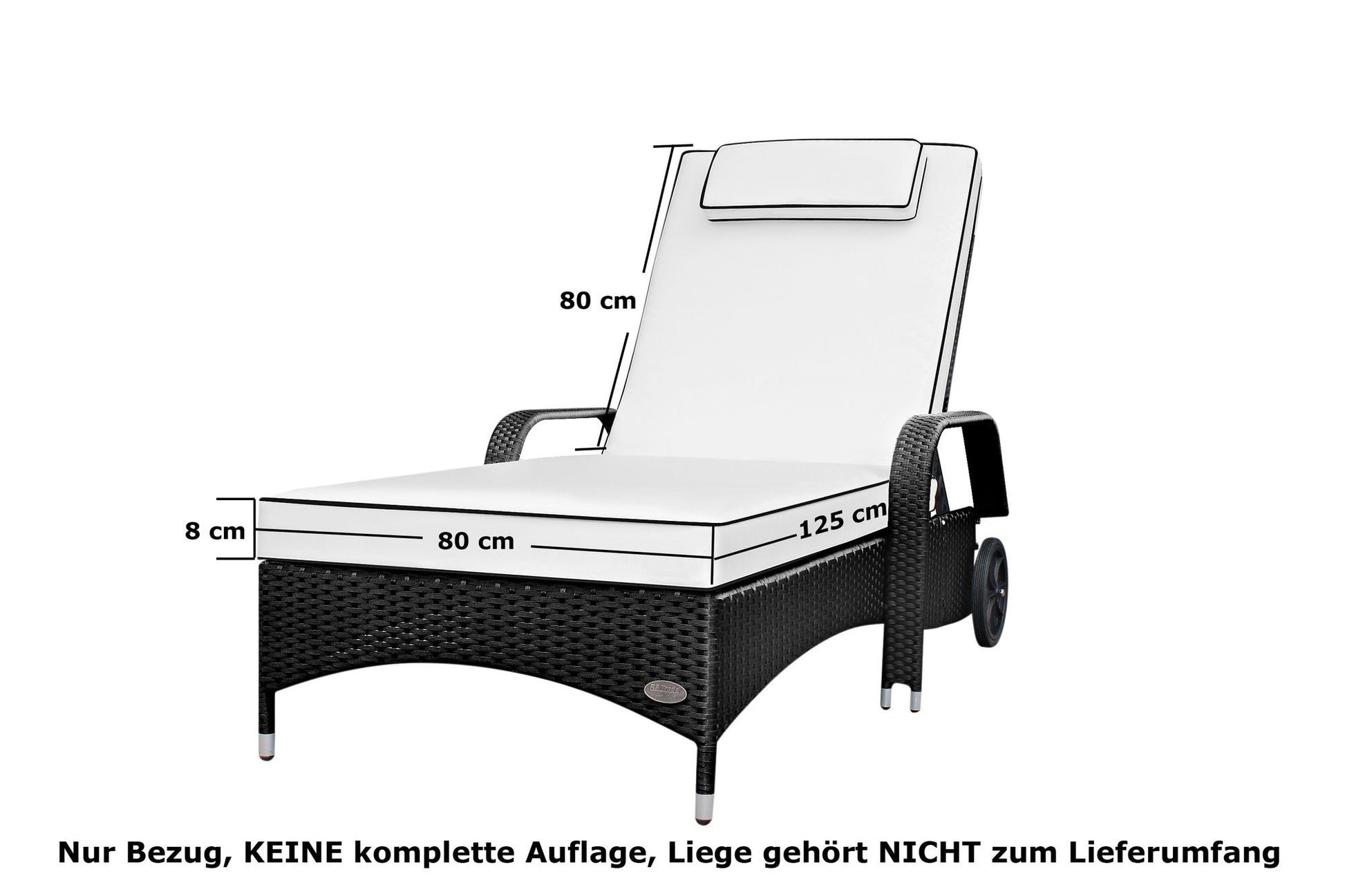 Weiße, weiche Auflage mit Nackenkissen auf einer Rattan-Sonnenliege, Imola, Maße 125x80x8 cm.