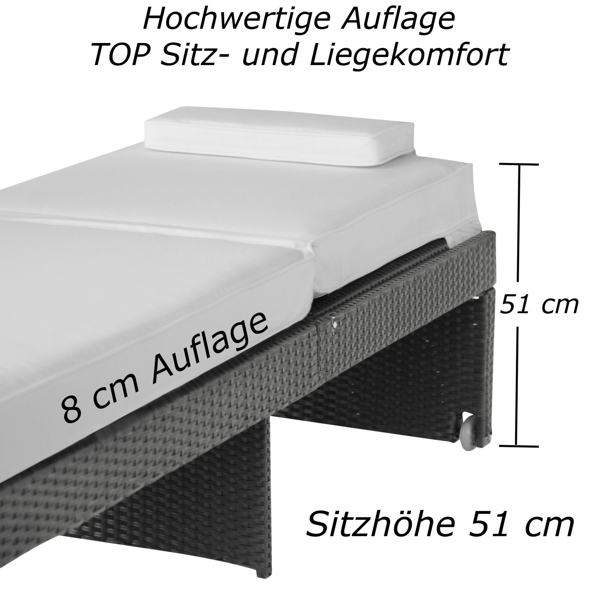 Silberne Rattan-Sonnenliege mit weißer 8 cm dicker Auflage und 51 cm Sitzhöhe.