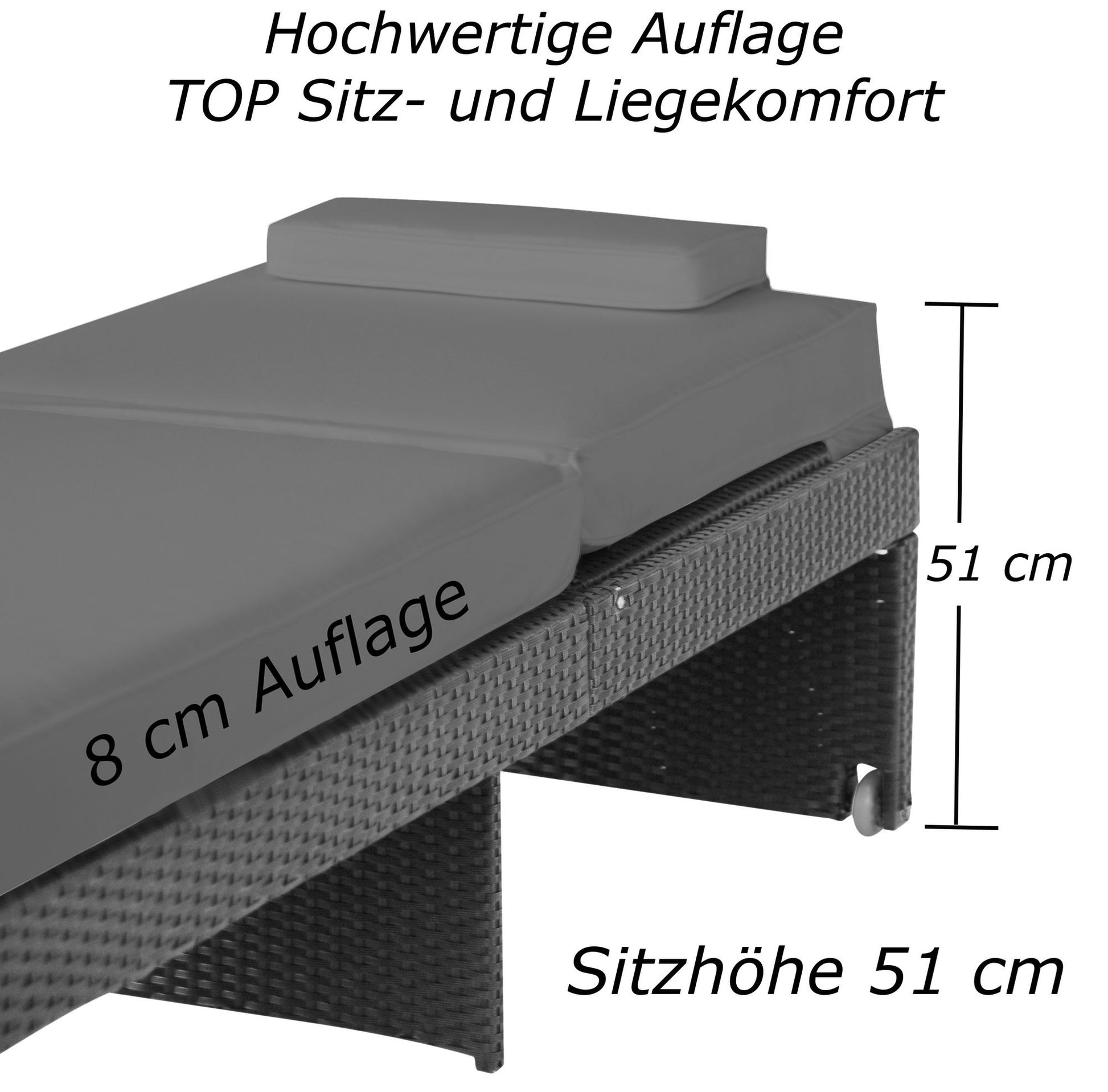 Graue Rattan-Sonnenliege mit grauer 8 cm dicker Auflage und 51 cm Sitzhöhe.