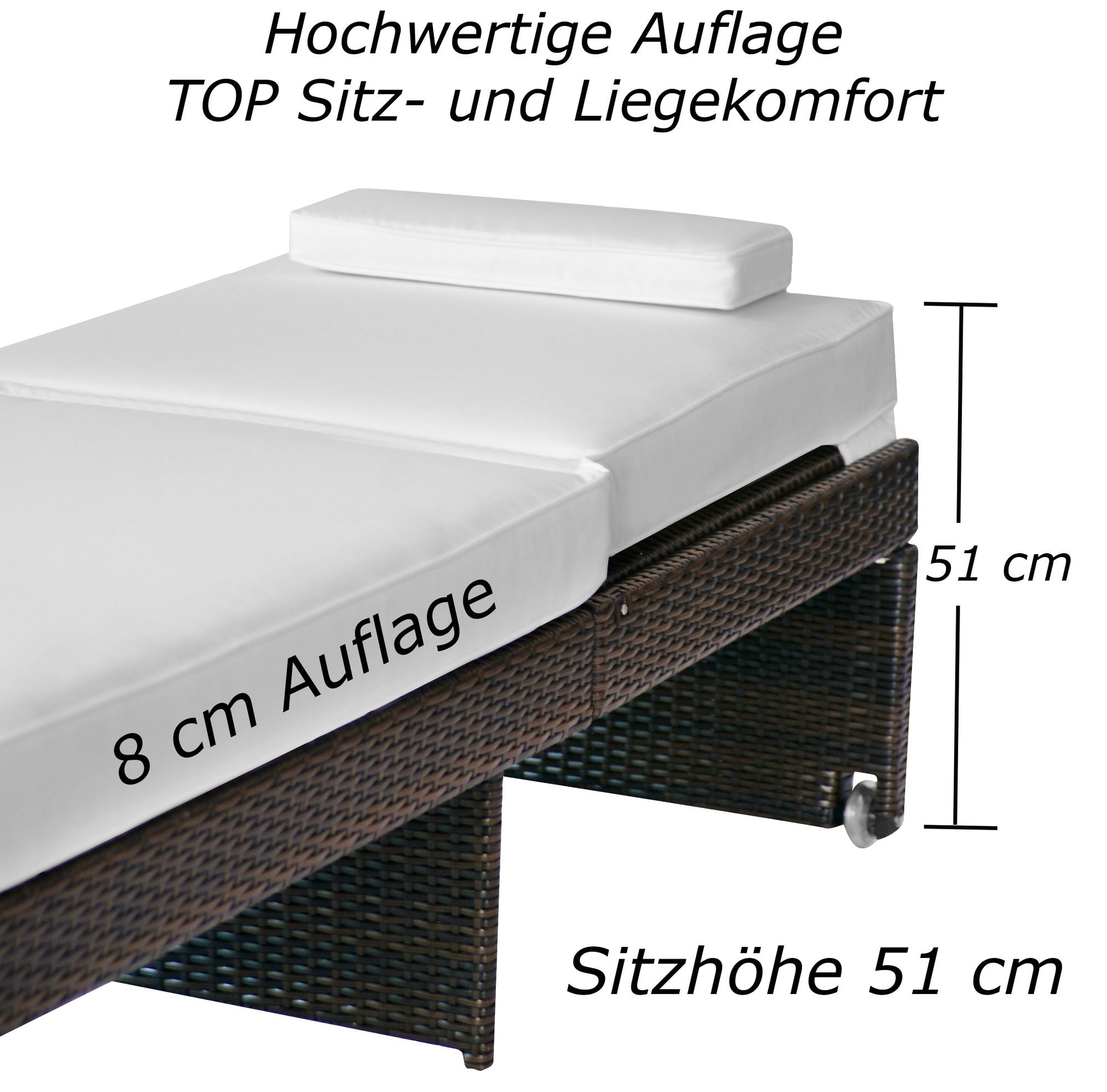 Braune Rattan-Sonnenliege mit weißer 8 cm dicker Auflage und 51 cm Sitzhöhe.