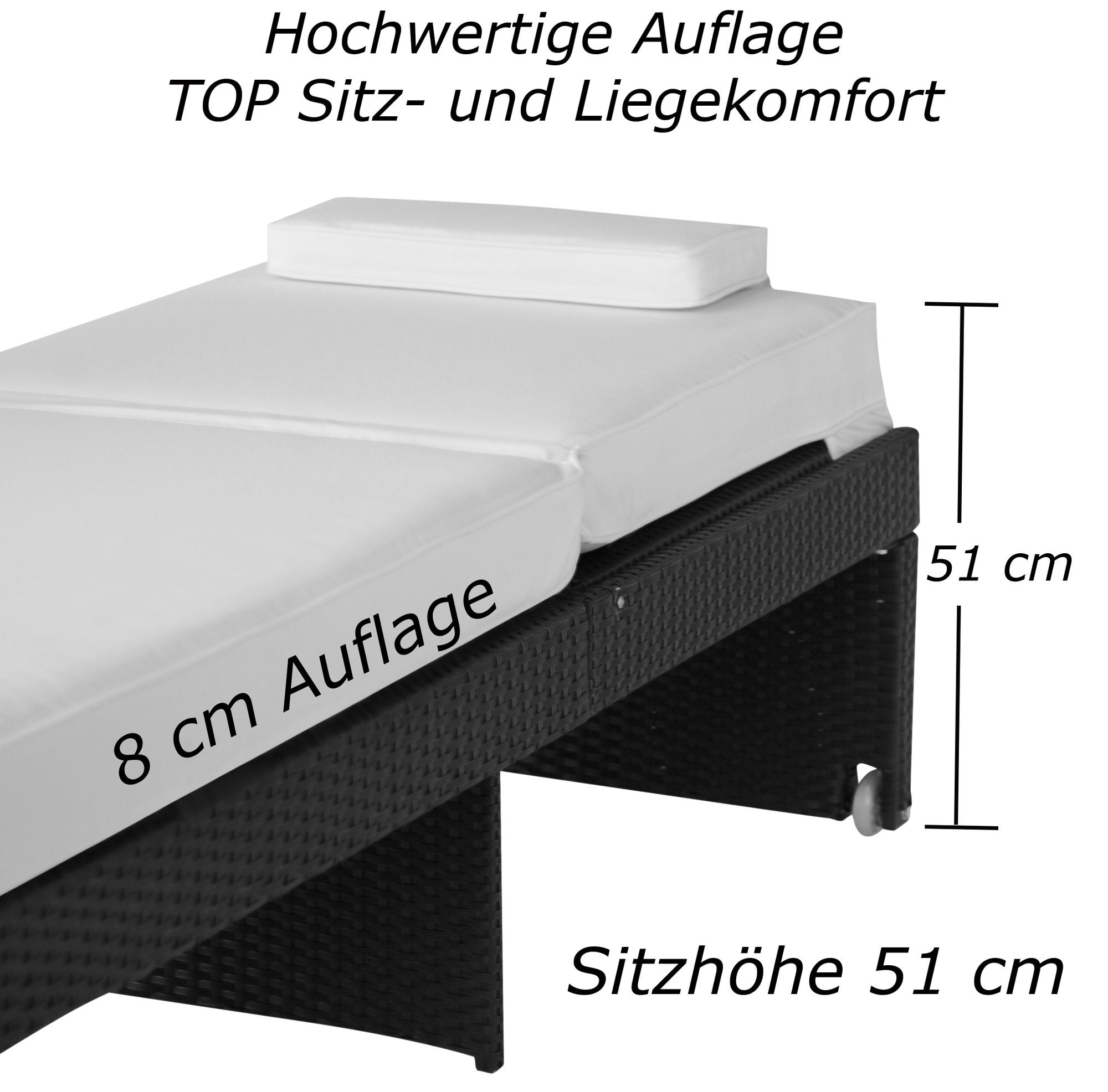 Schwarze Rattan-Sonnenliege mit weißer 8 cm dicker Auflage und 51 cm Sitzhöhe
