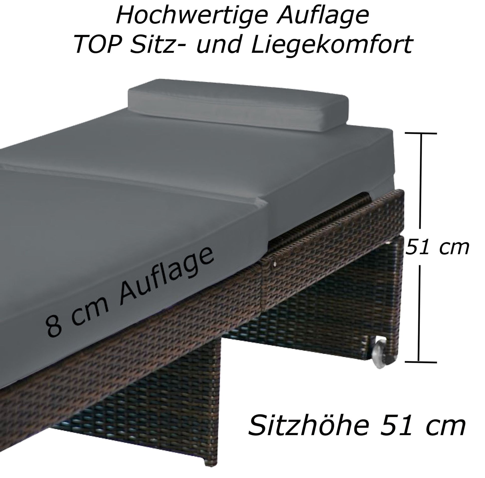 Braune Rattan-Sonnenliege mit grauer 8 cm dicker Auflage und 51 cm Sitzhöhe.