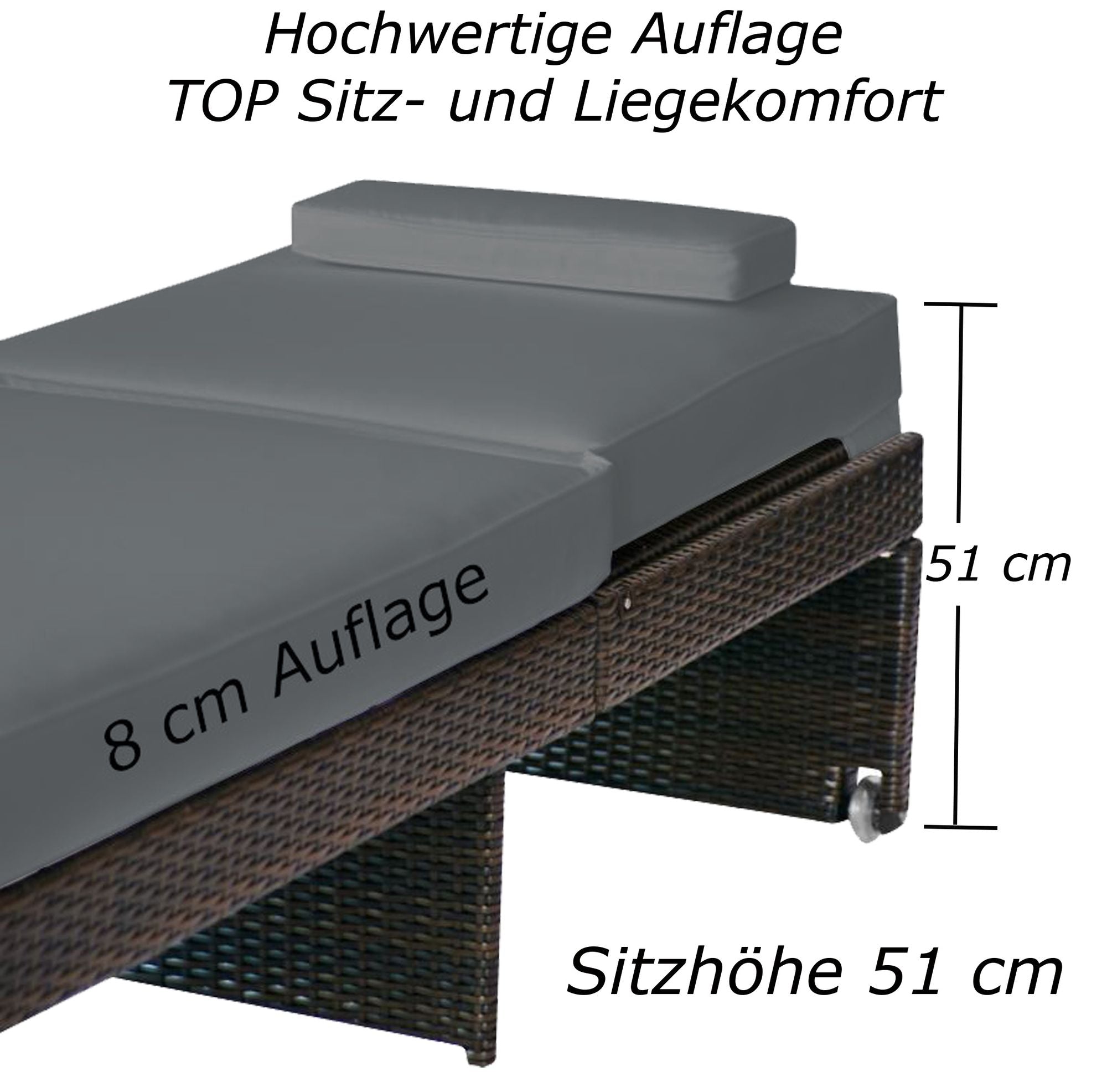 Braune Rattan-Sonnenliege mit grauer 8 cm dicker Auflage und 51 cm Sitzhöhe.