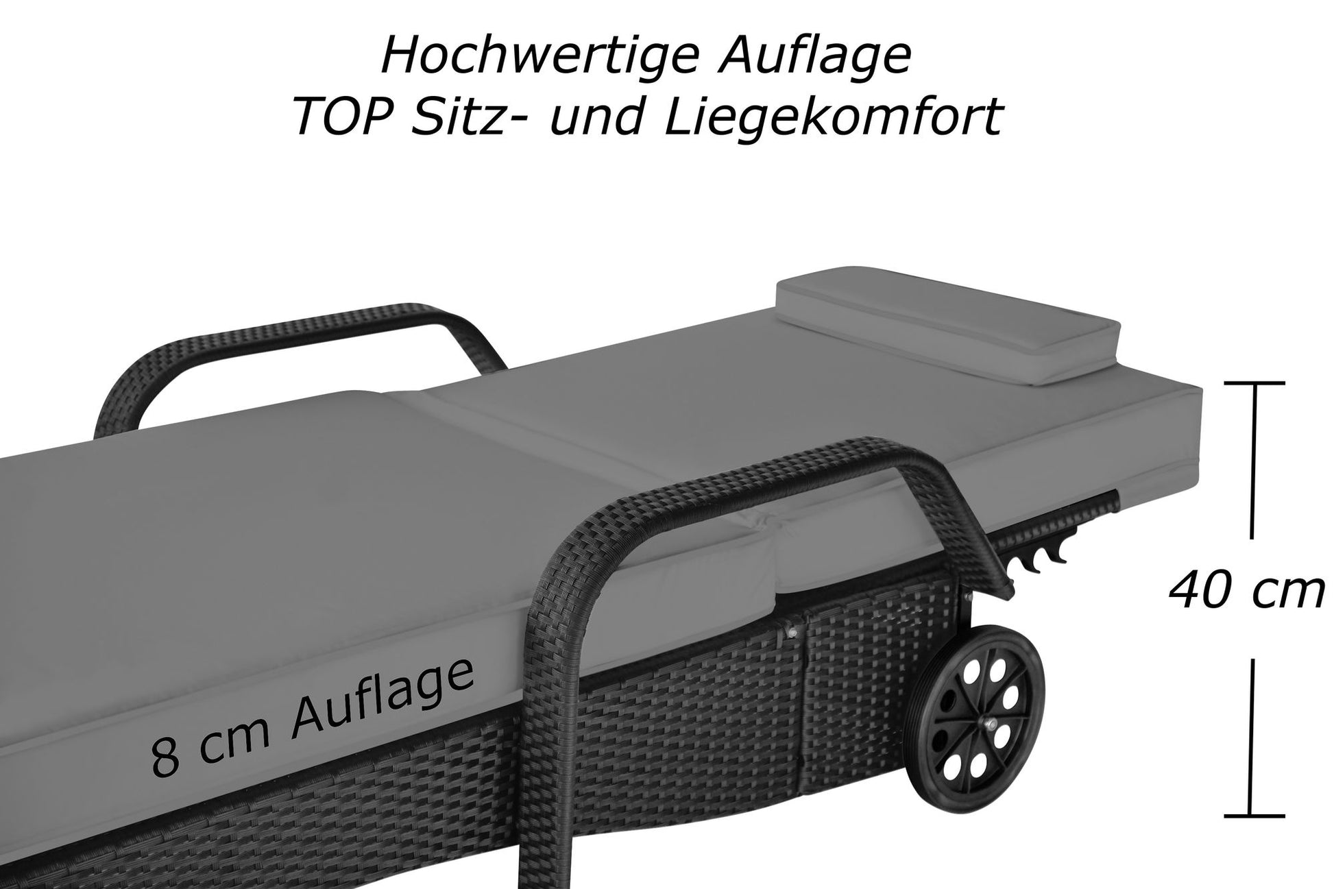 Hochwertige schwarze Liege mit grauer Auflage, höhenverstellbarer Rückenlehne, stabilen Rädern und 40 cm Sitzhöhe